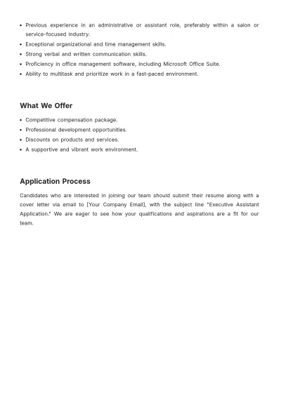 Free Salon Executive Assistant Job Description Template to Edit Online