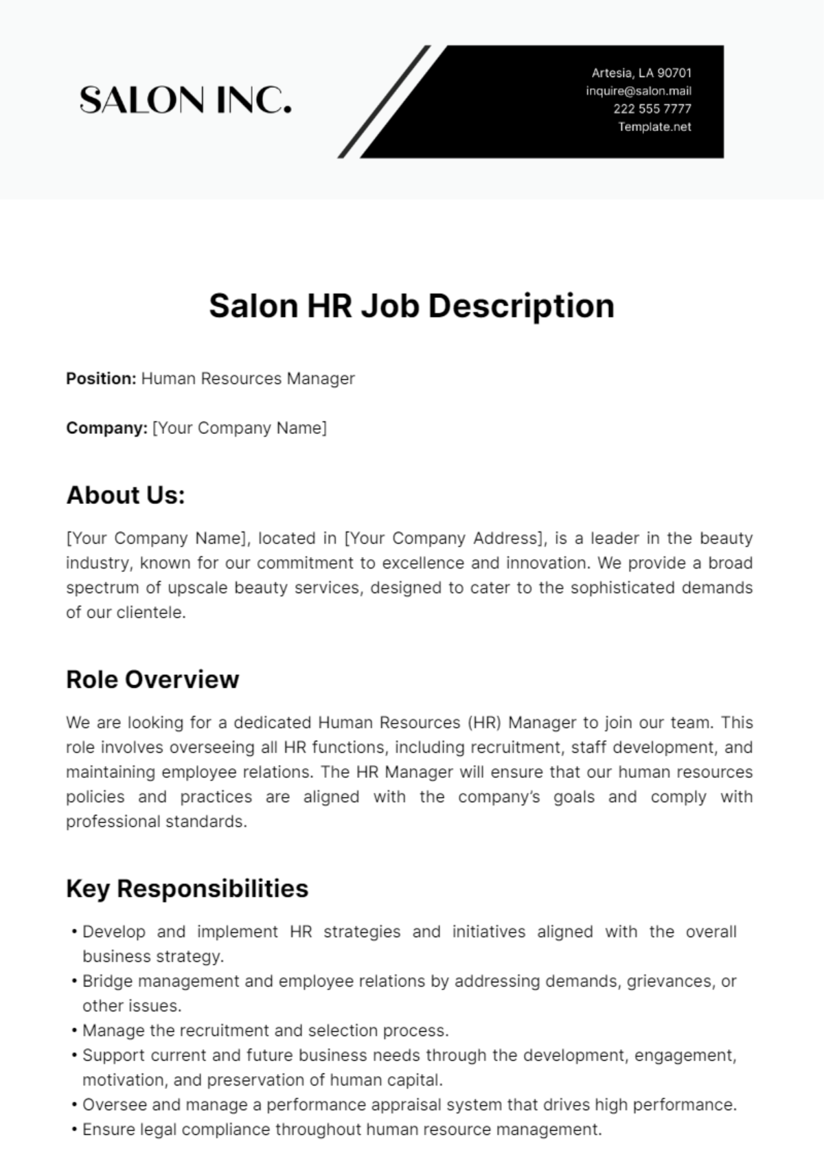 Salon HR Job Description Template
