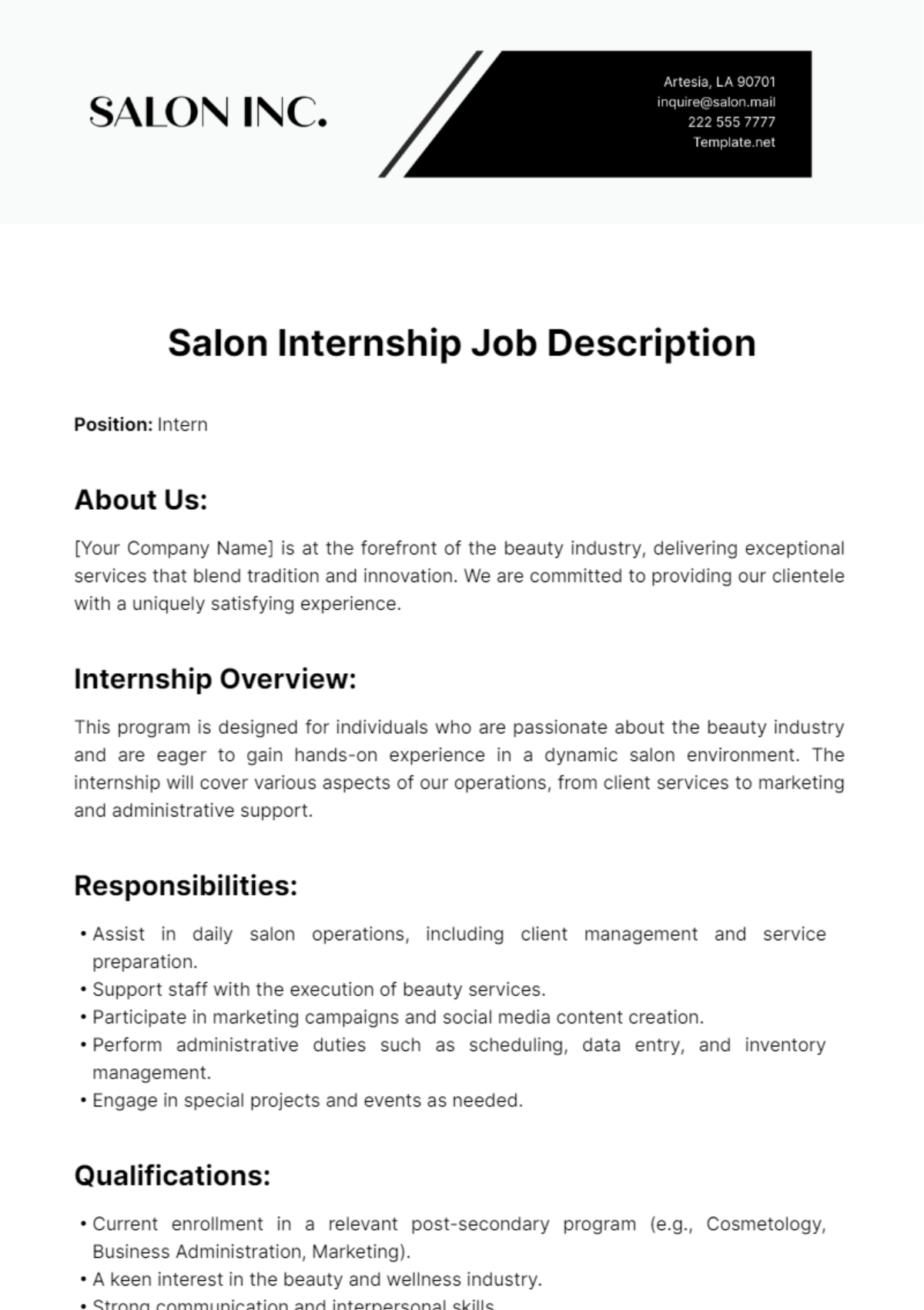 Salon Internship Job Description Template