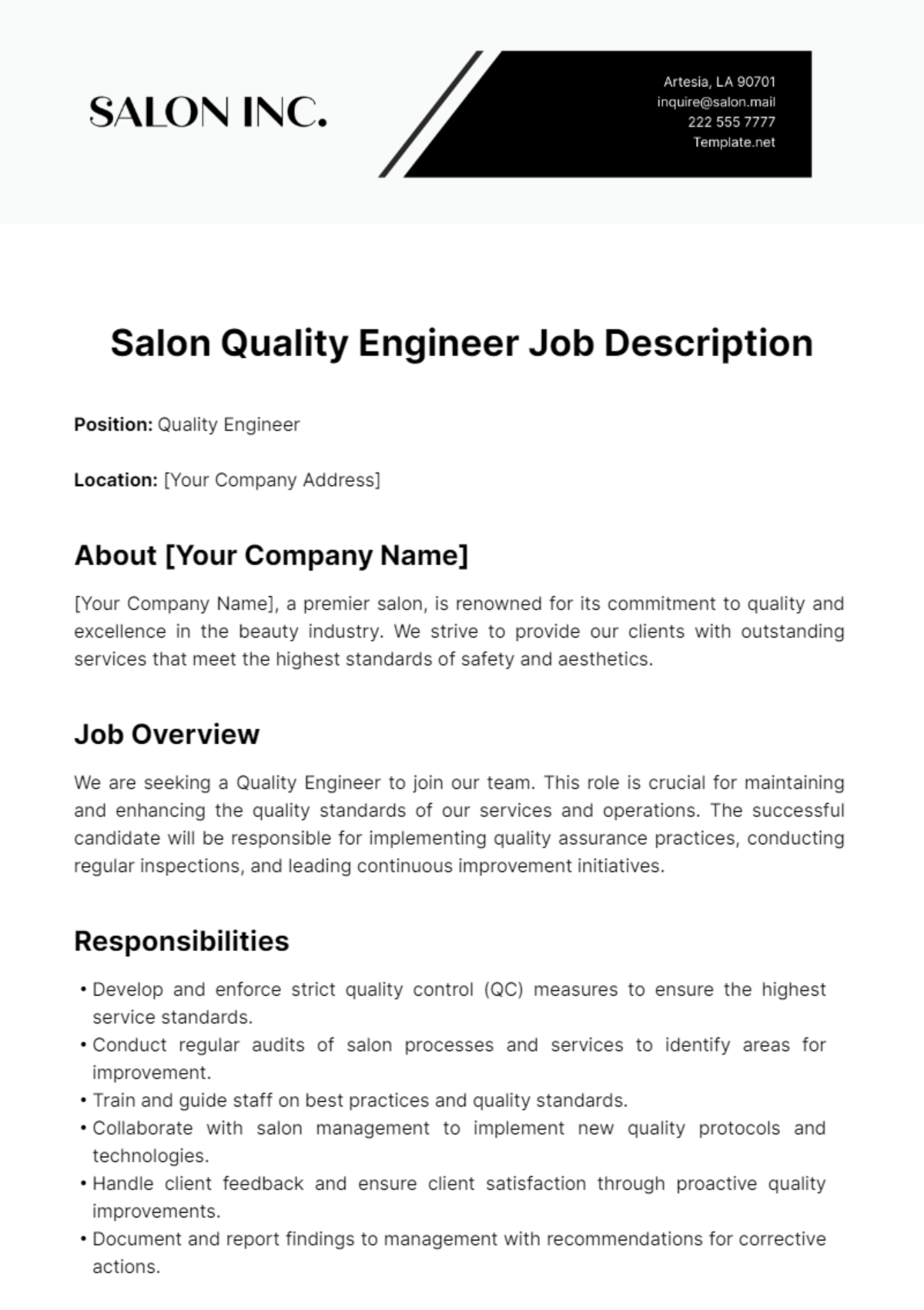 Salon Quality Engineer Job Description Template