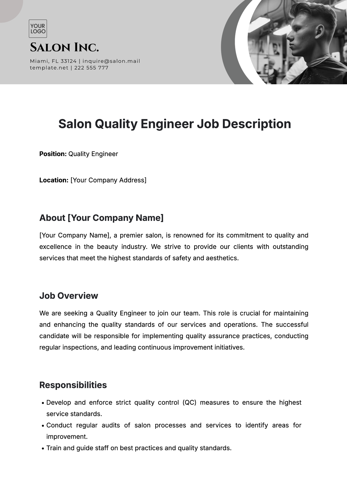 Free Salon Quality Engineer Job Description Template