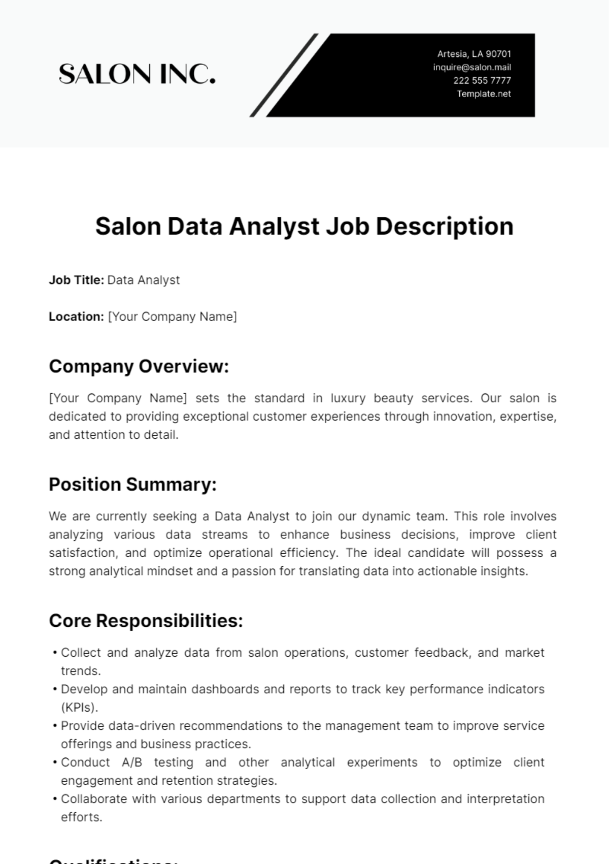Salon Data Analyst Job Description Template