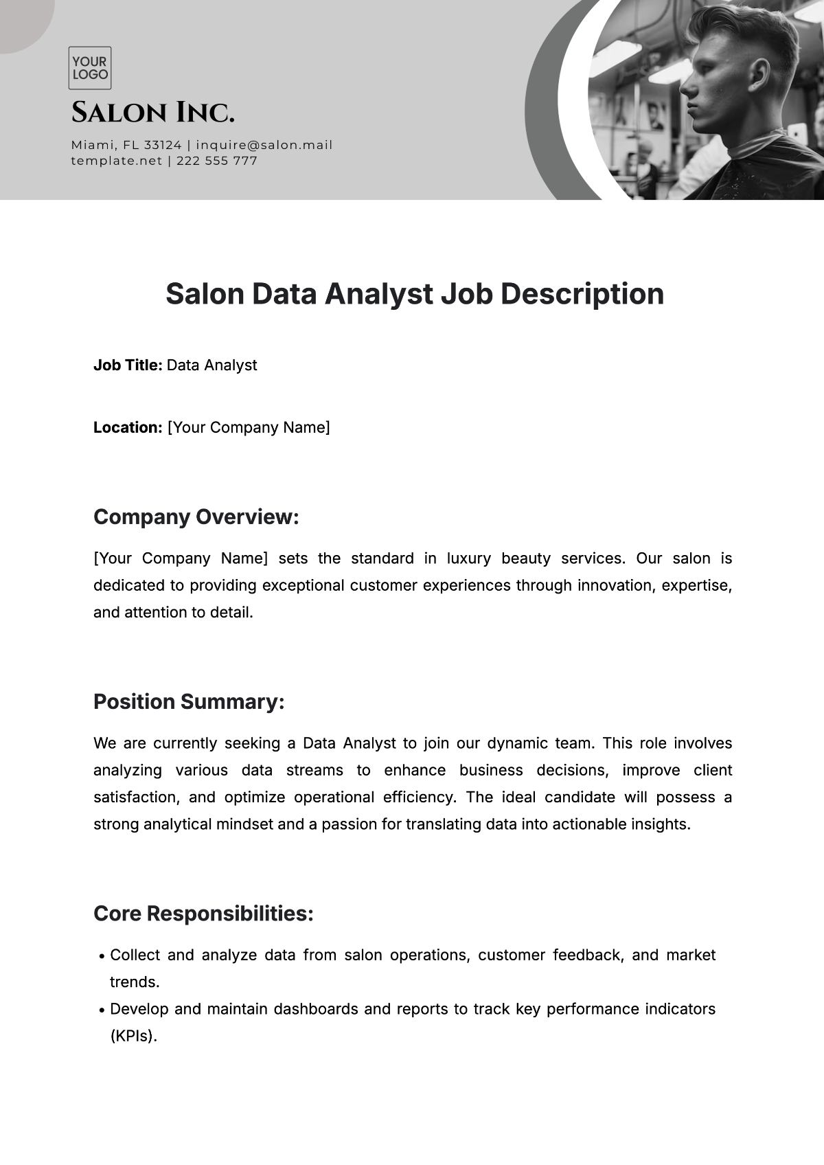 Free Salon Data Analyst Job Description Template