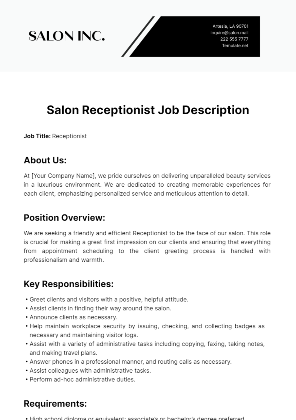 Free Salon Receptionist Job Description Template