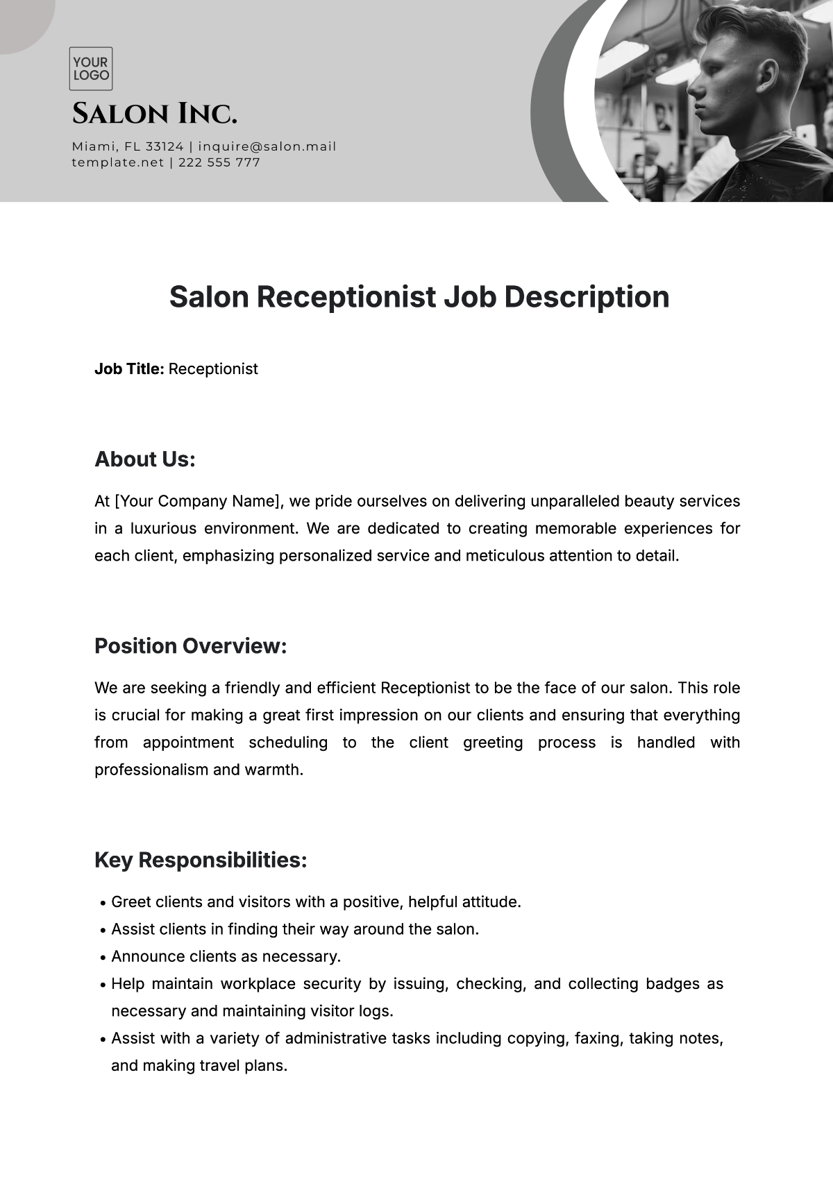 Free Salon Receptionist Job Description Template