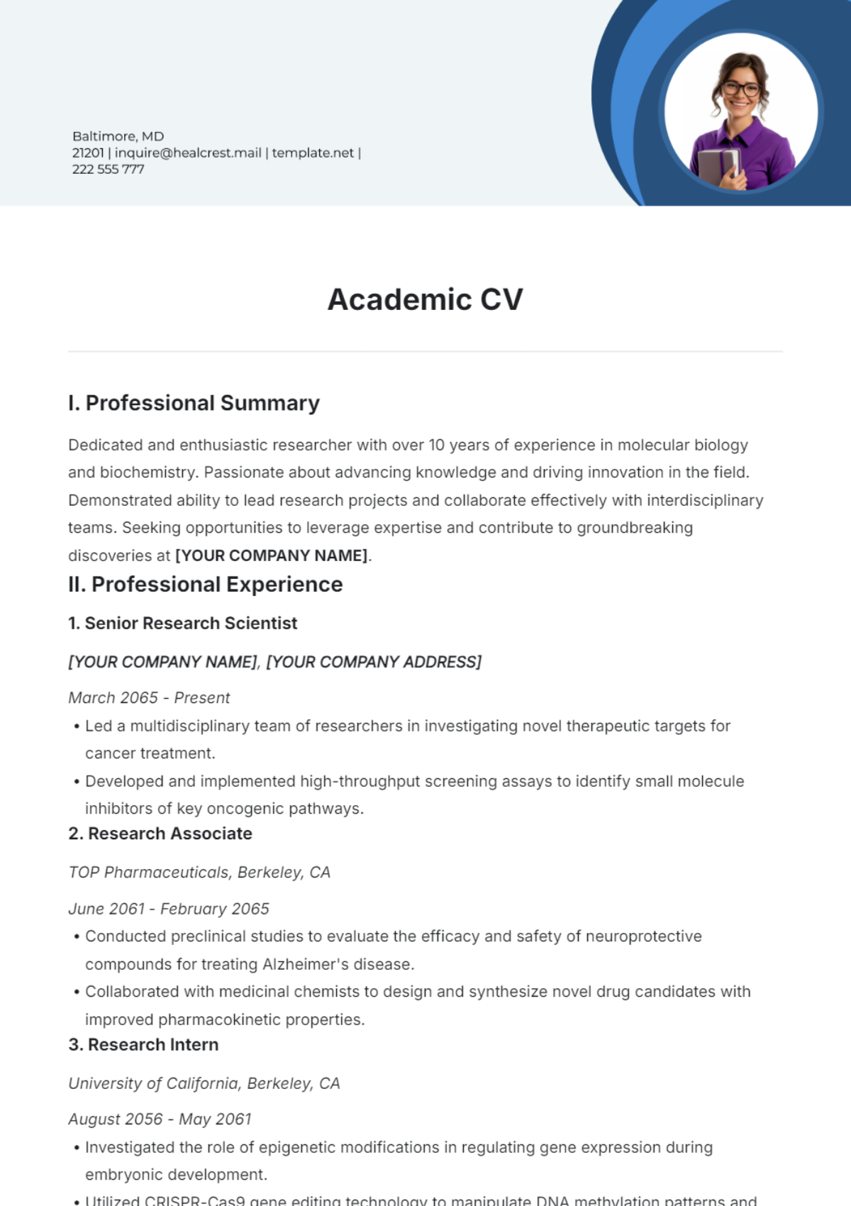 Free Academic CV Template to Edit Online