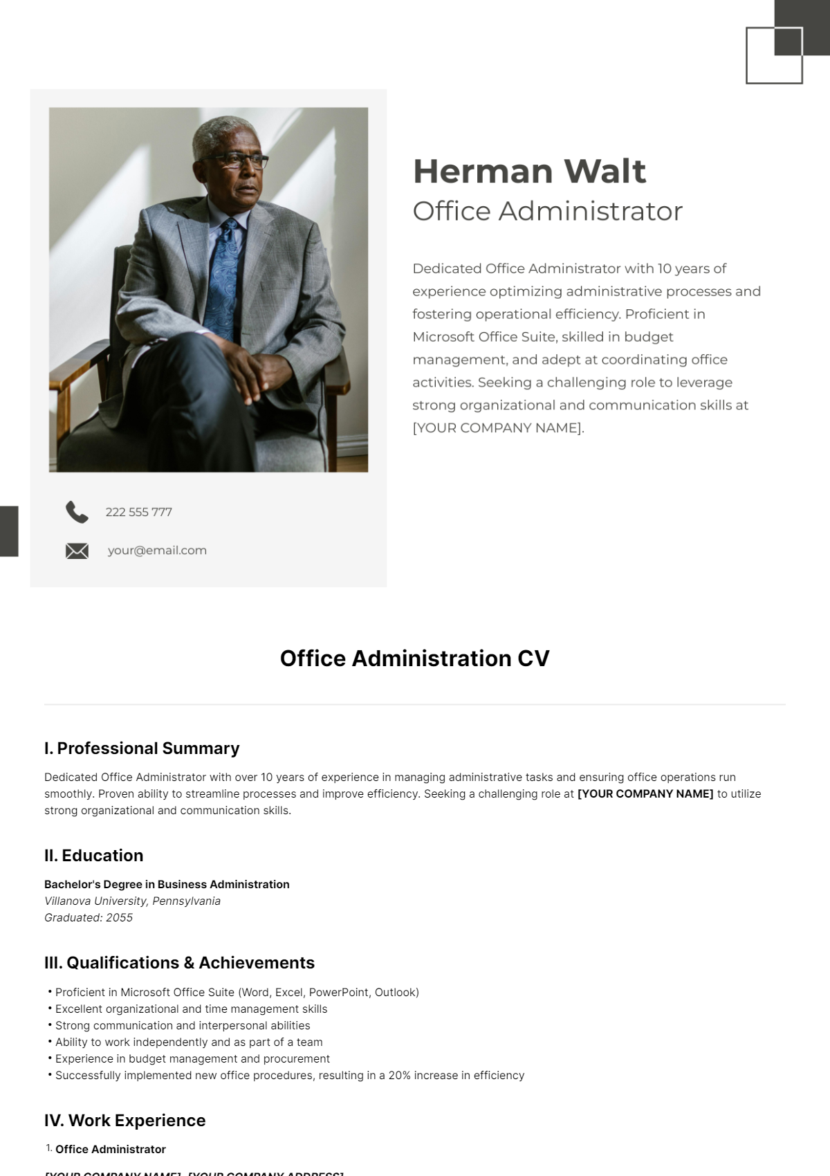 Office Administration CV Template - Edit Online & Download