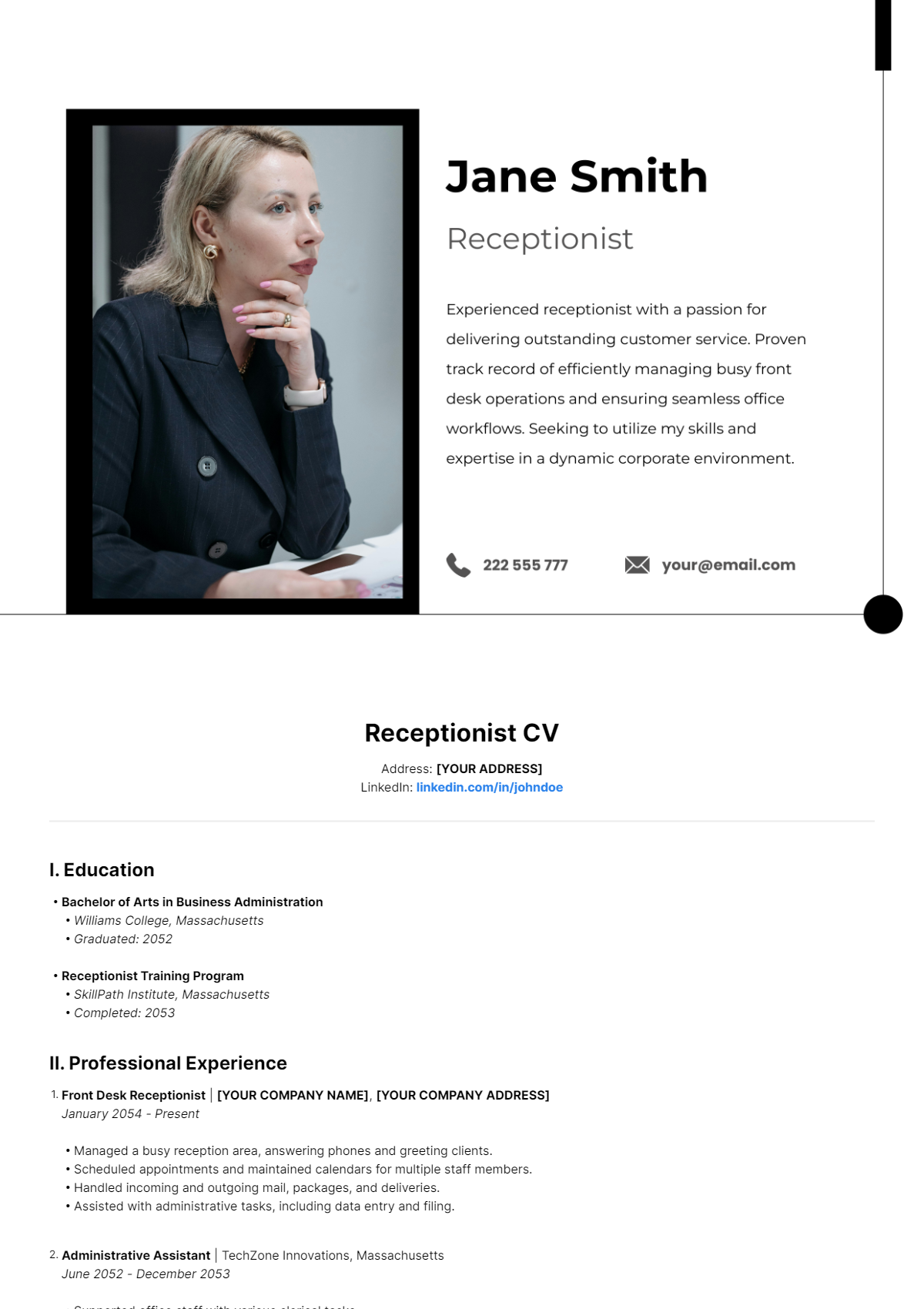 Receptionist CV Template - Edit Online & Download