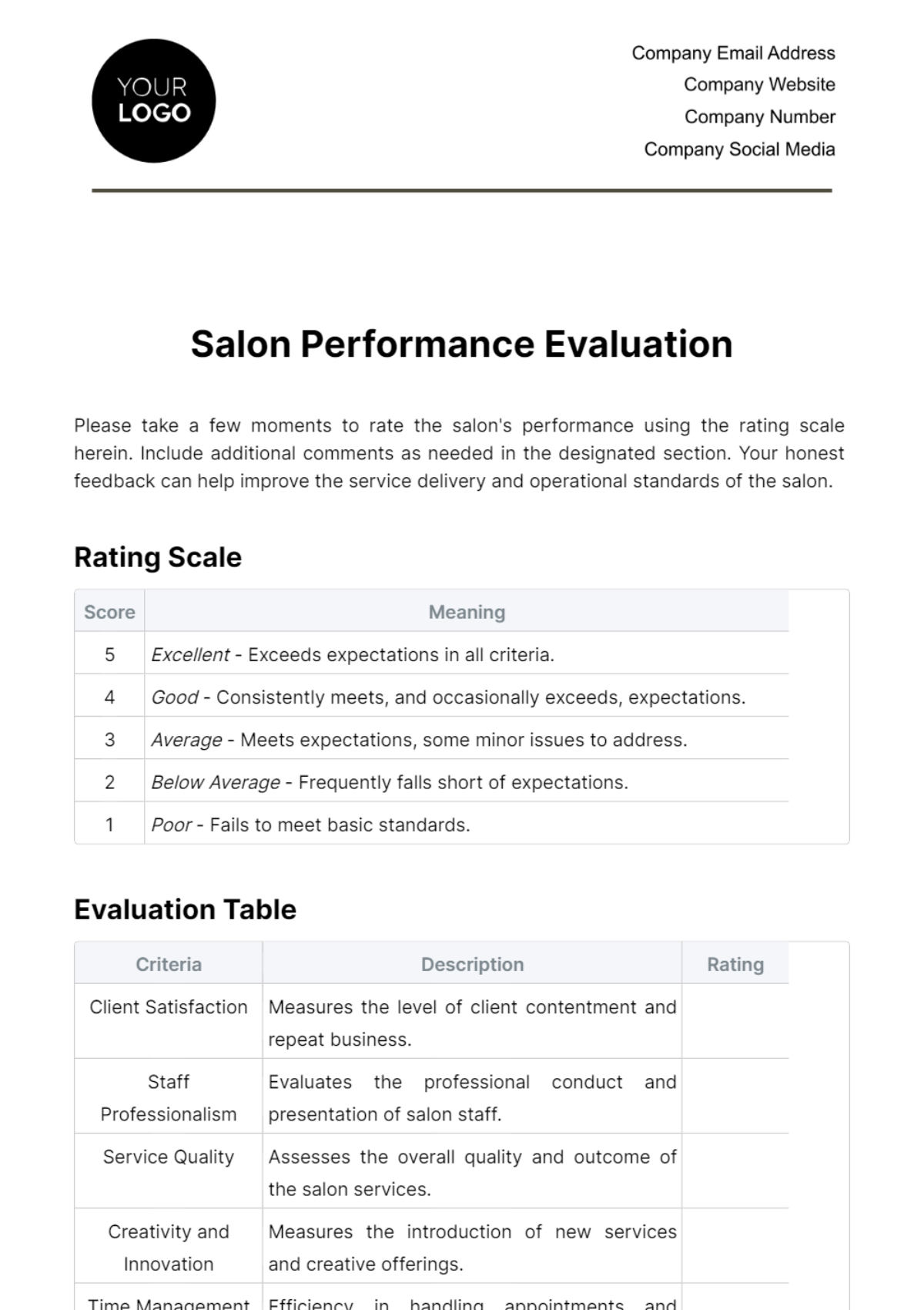 Salon Performance Evaluation Template