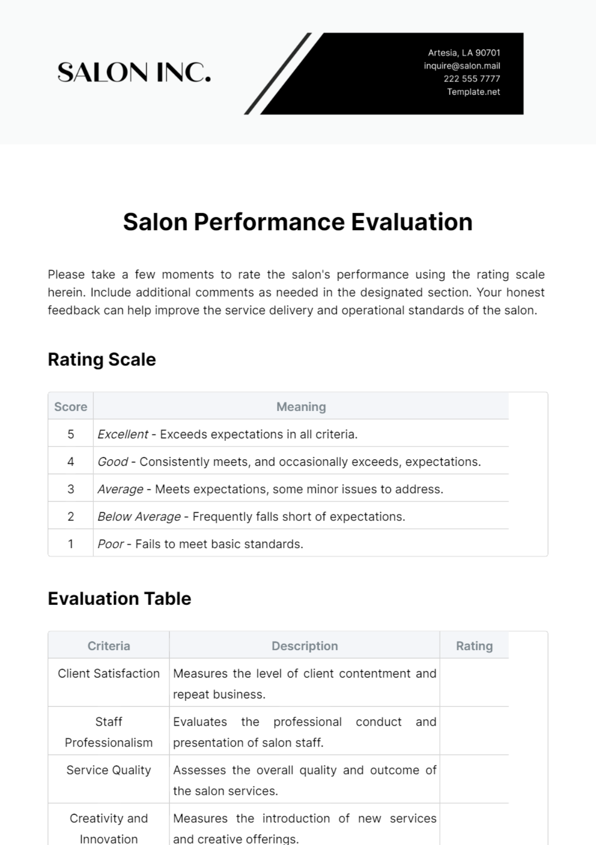 Salon Performance Evaluation Template