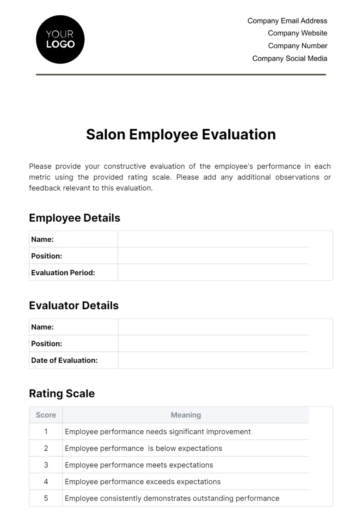 Salon Employee Evaluation Template
