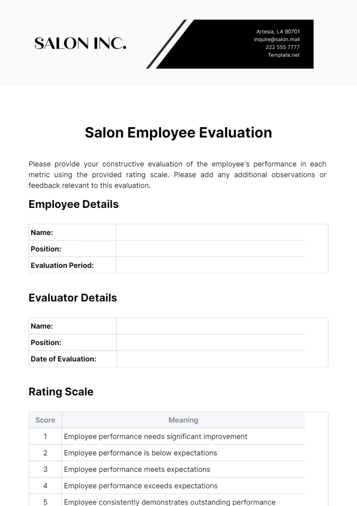 Salon Employee Evaluation Template - Edit Online & Download