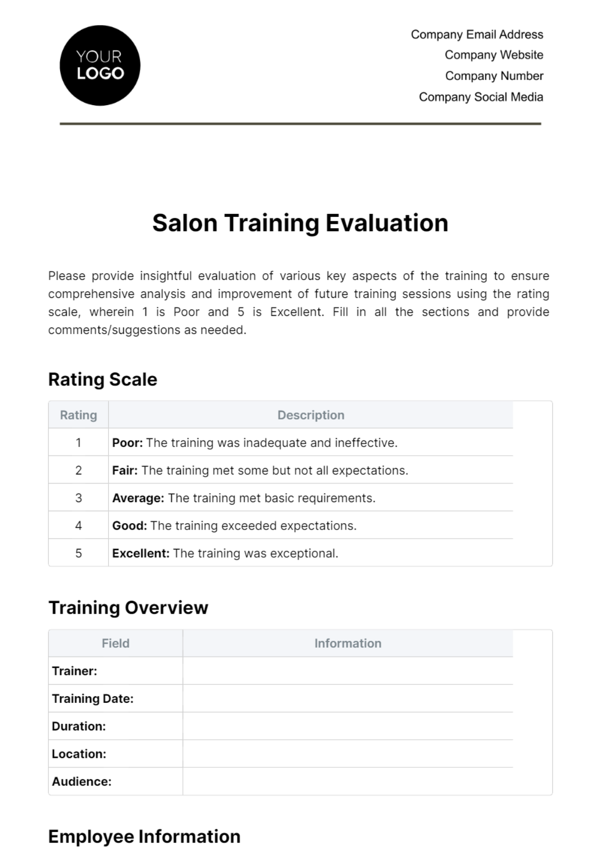 Free Salon Training Evaluation Template