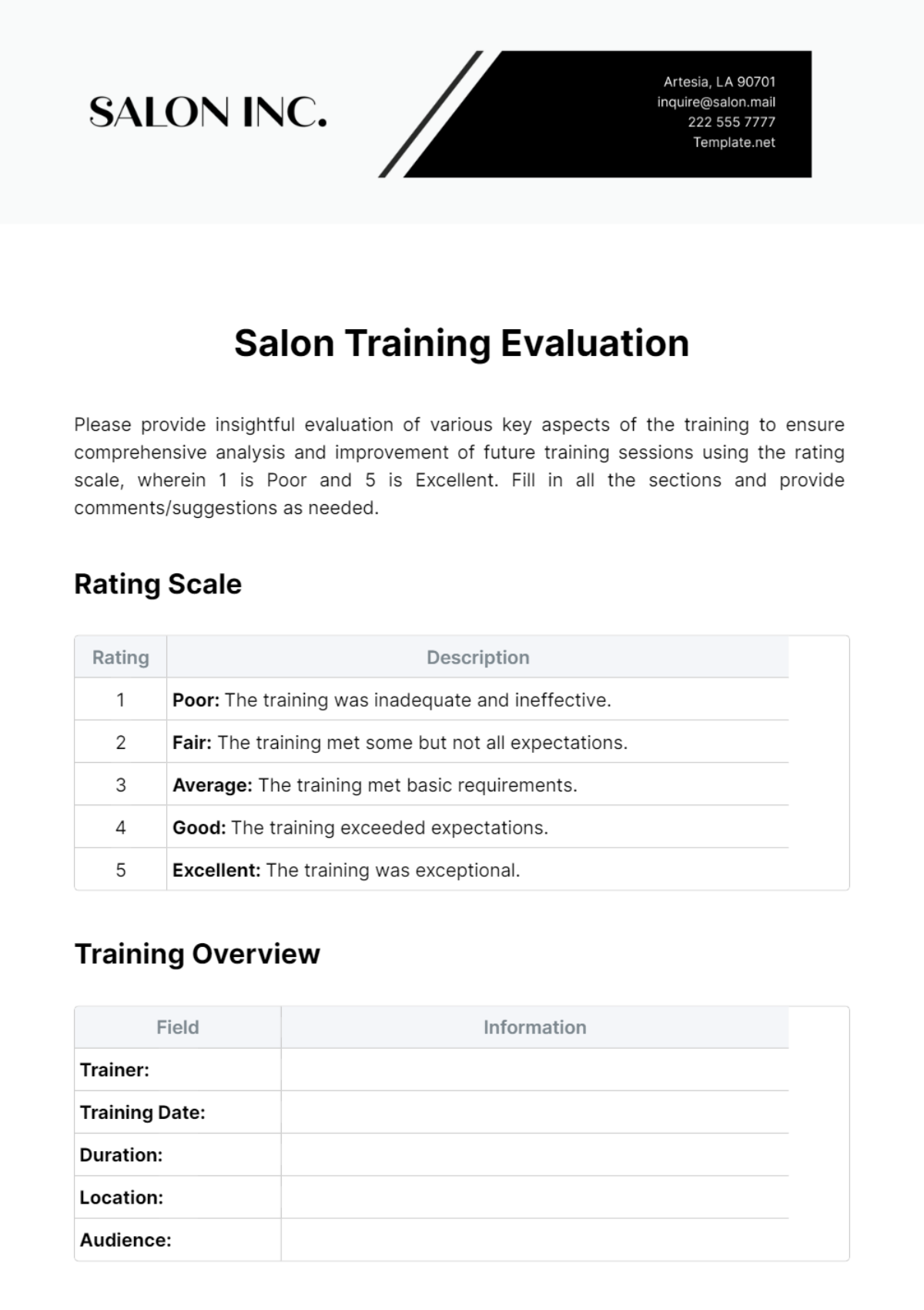 Salon Training Evaluation Template