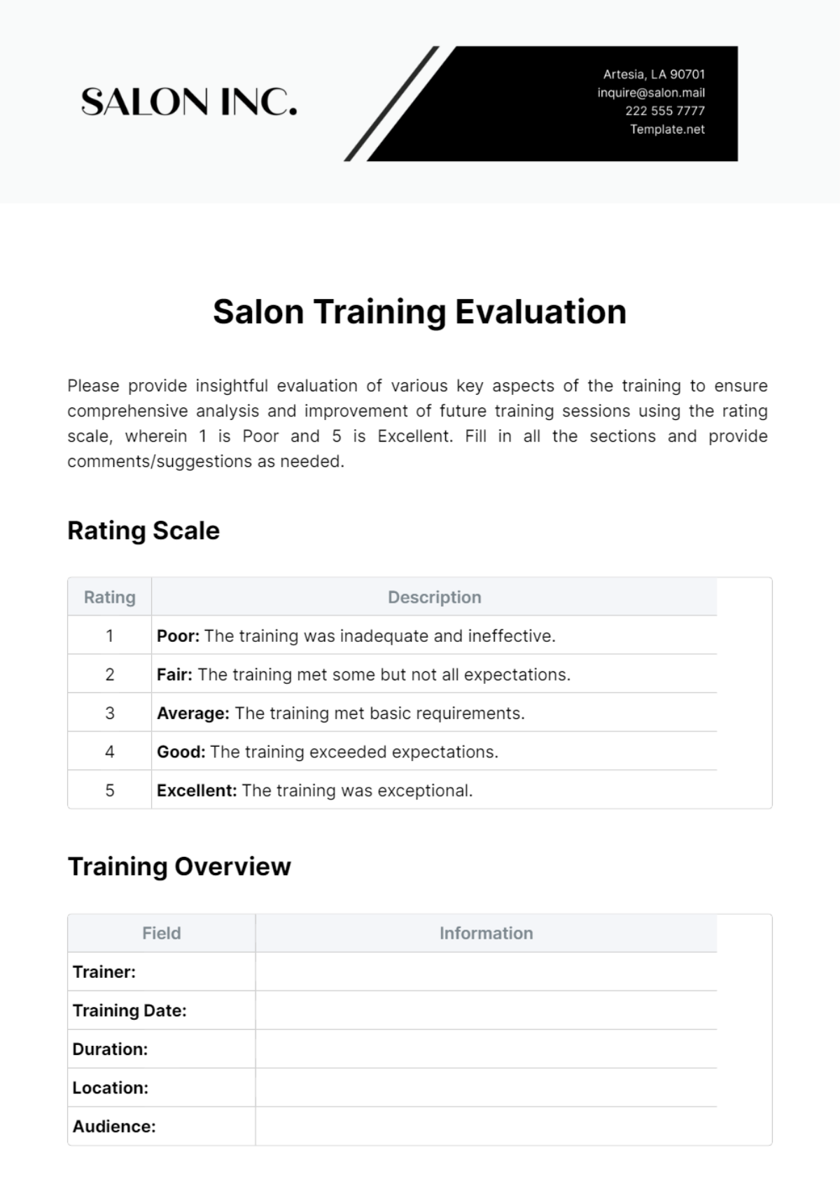 Salon Training Evaluation Template - Edit Online & Download