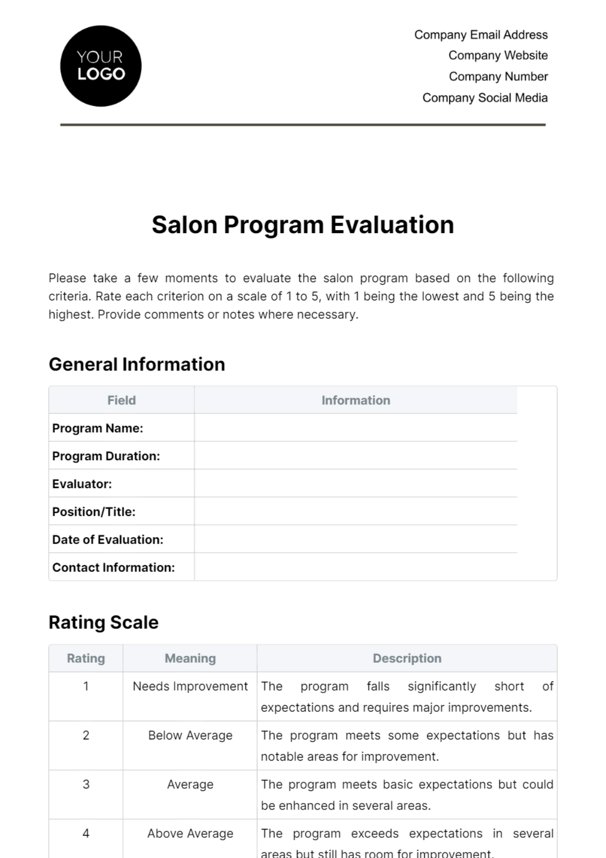 Free Salon Program Evaluation Template