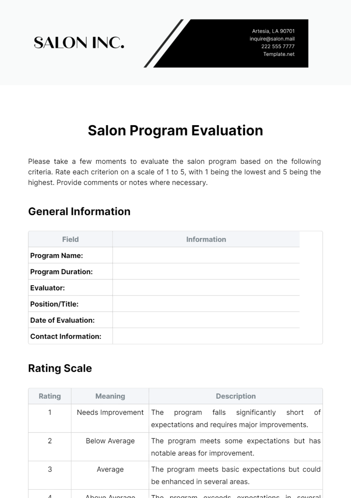 Salon Program Evaluation Template