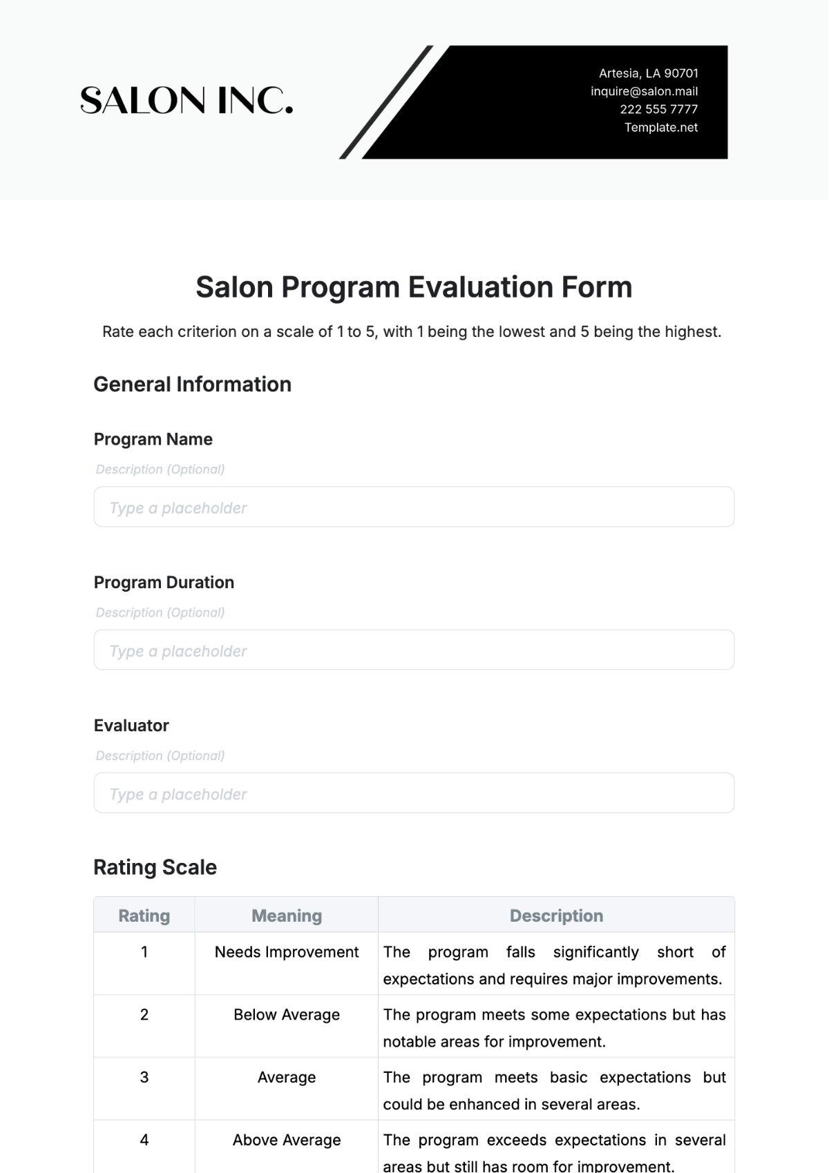 Free Salon Program Evaluation Template to Edit Online