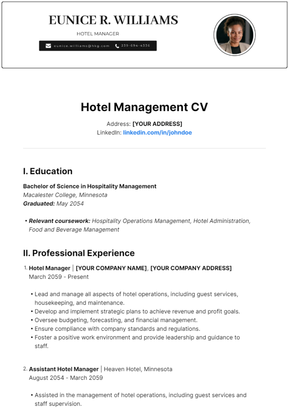 Free Hotel Management CV Template to Edit Online