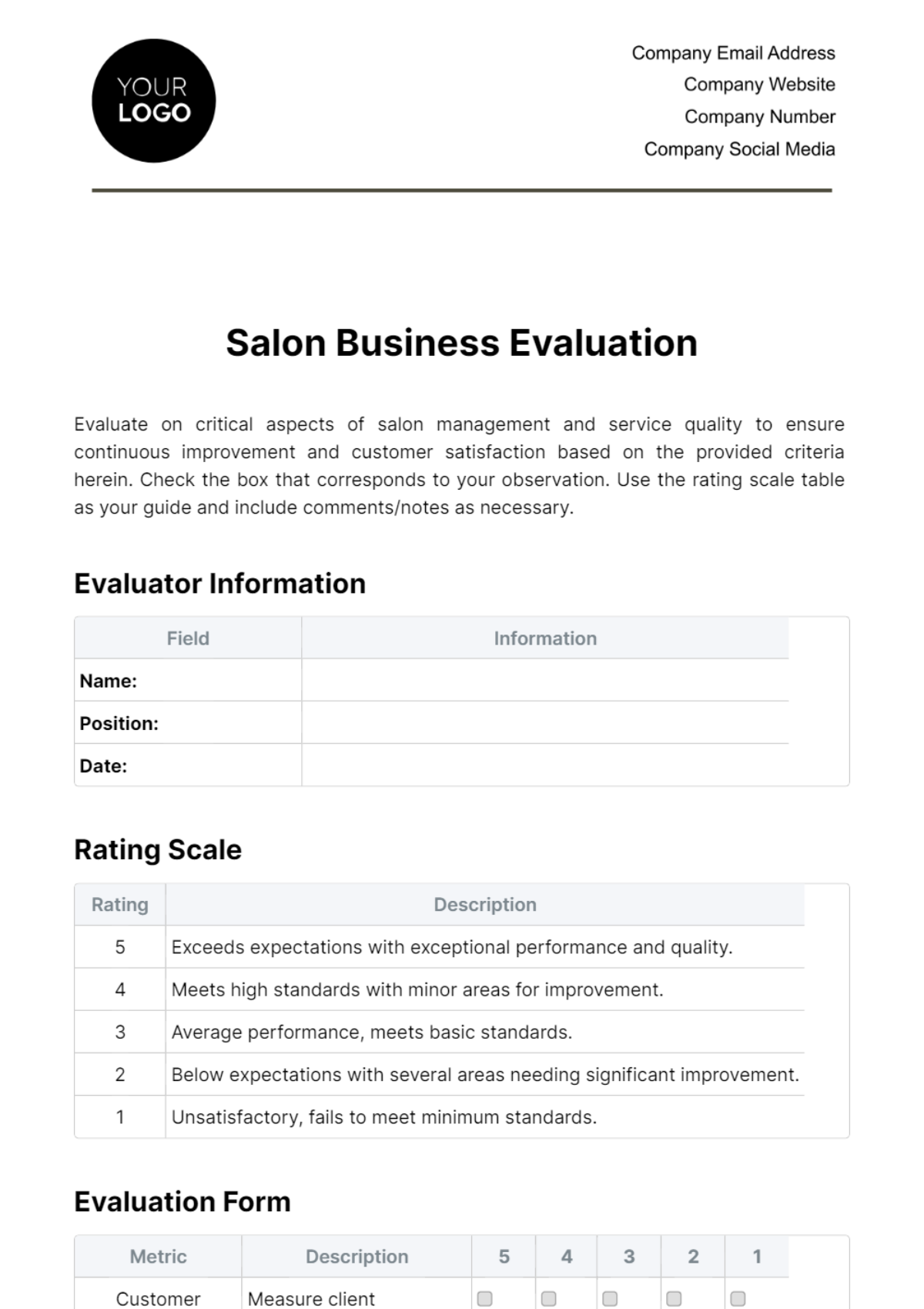Free Salon Business Evaluation Template