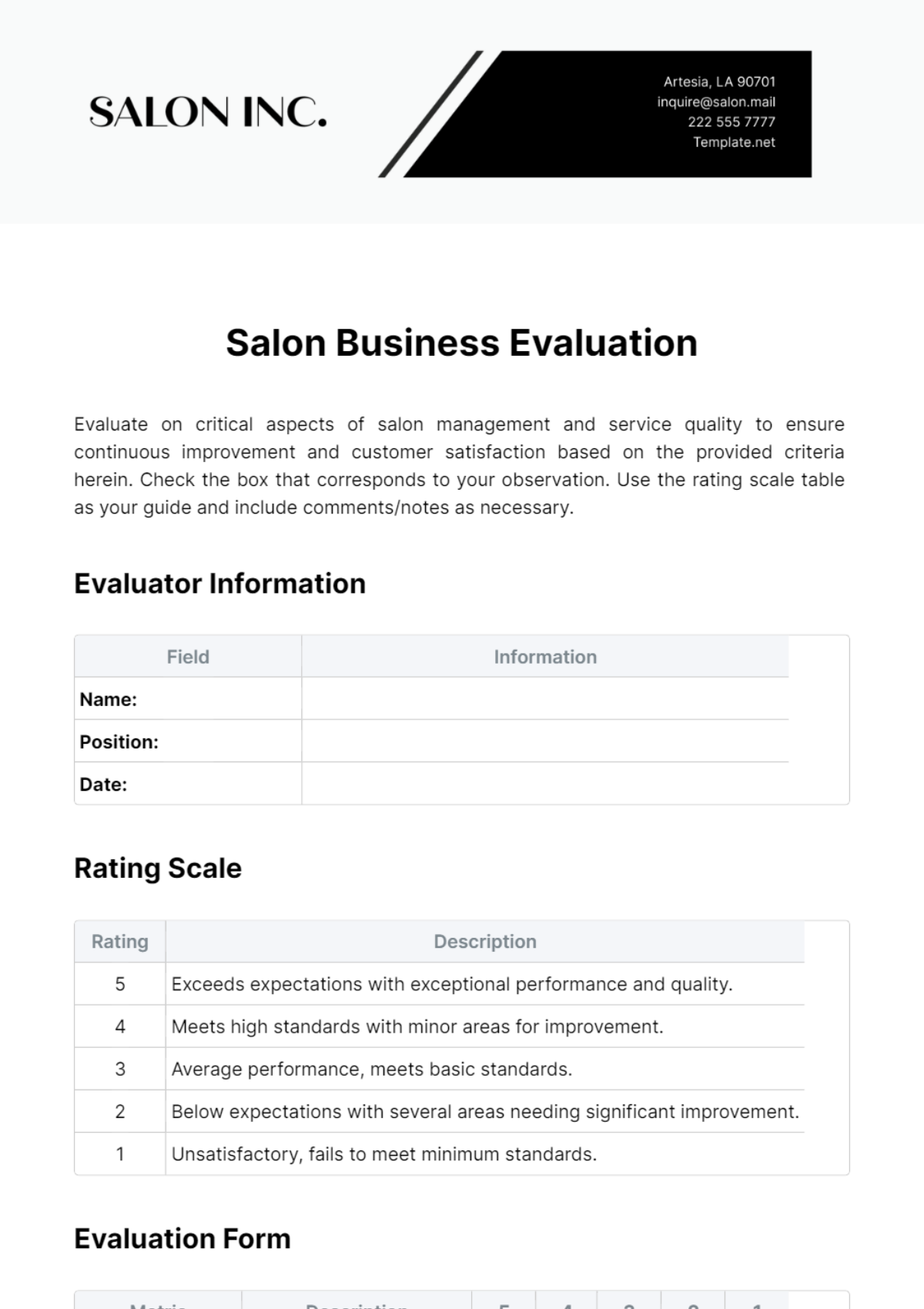 Salon Business Evaluation Template
