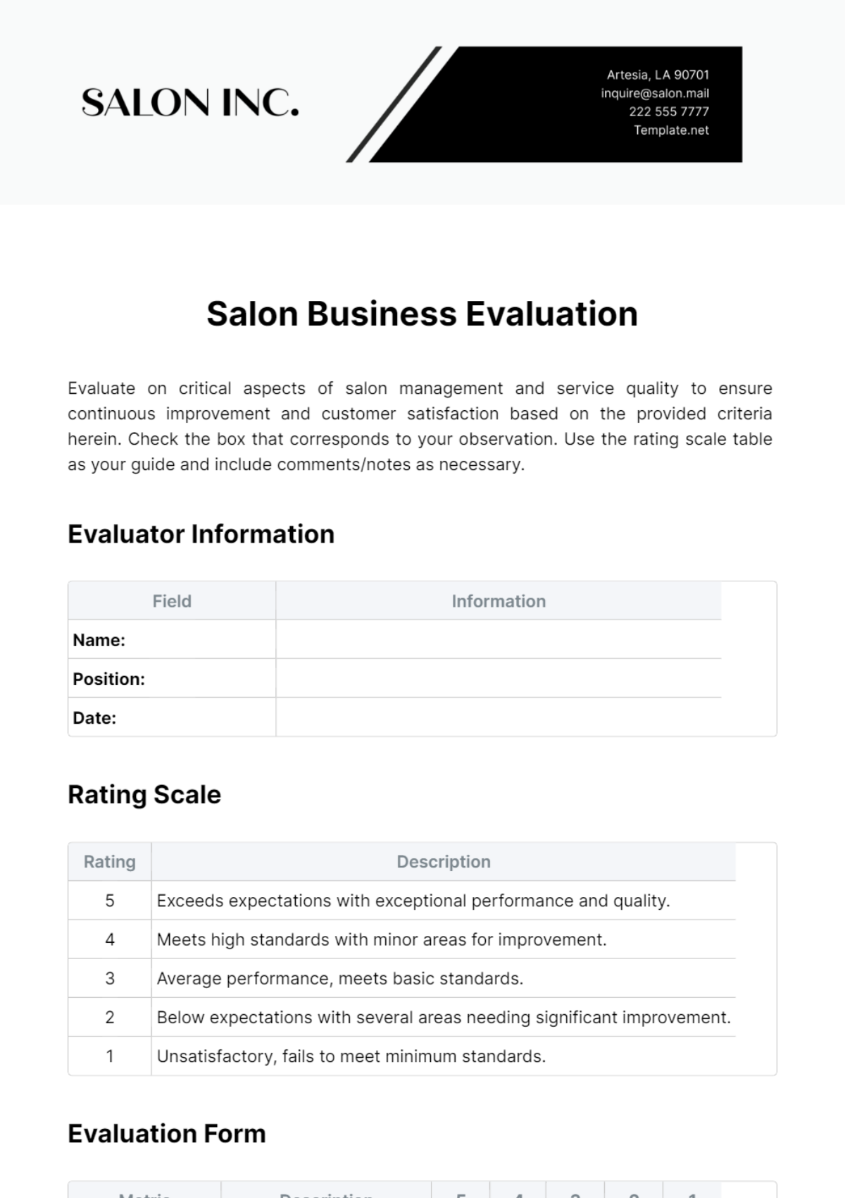 Salon Business Evaluation Template - Edit Online & Download