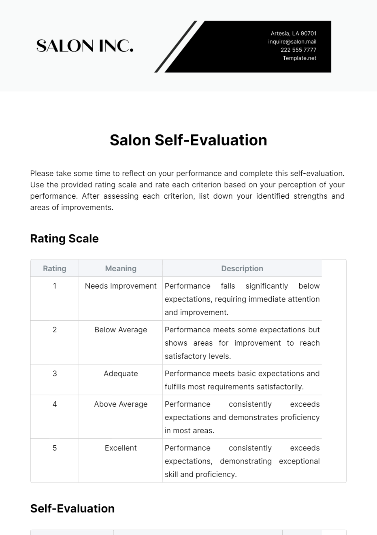 Salon Self-Evaluation Template - Edit Online & Download