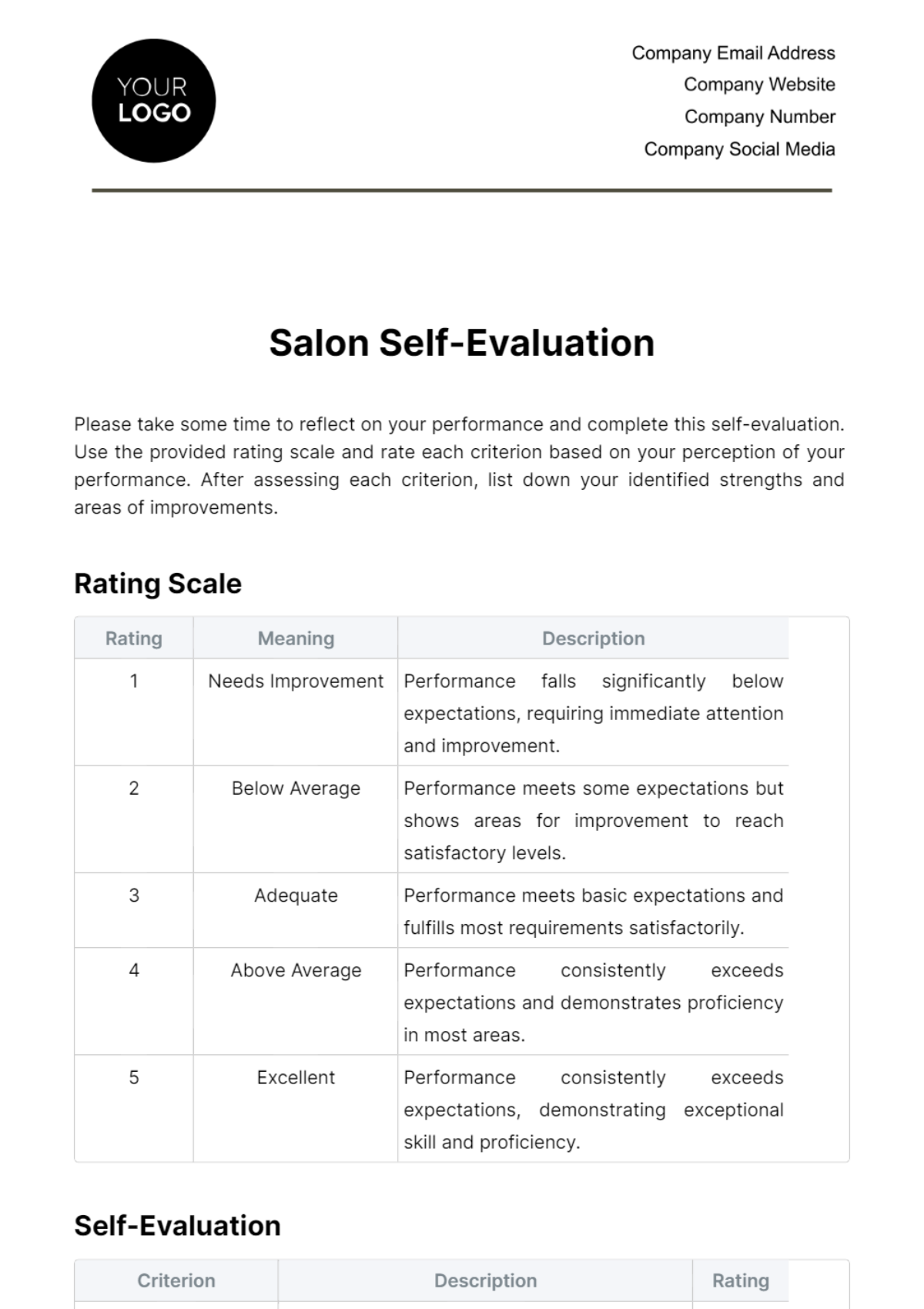 Free Salon Self-Evaluation Template