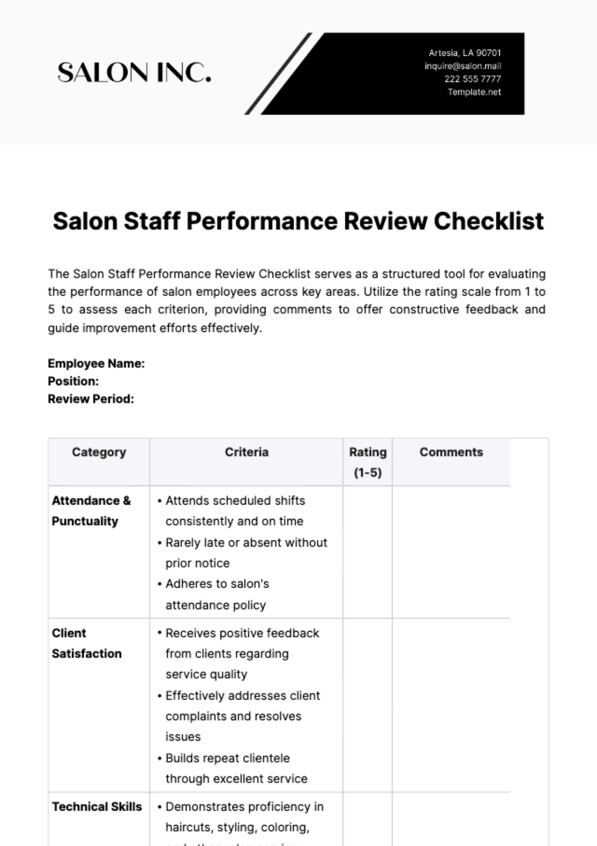 Free Salon Staff Performance Review Checklist Template