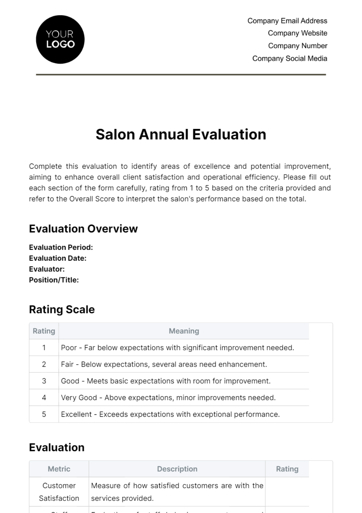 Free Salon Annual Evaluation Template