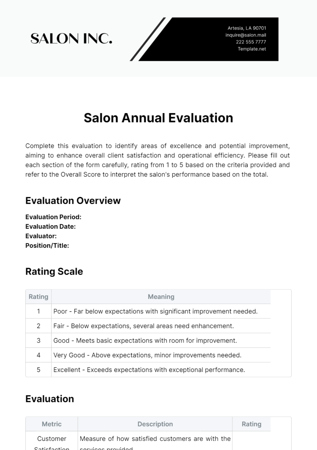 Salon Annual Evaluation Template
