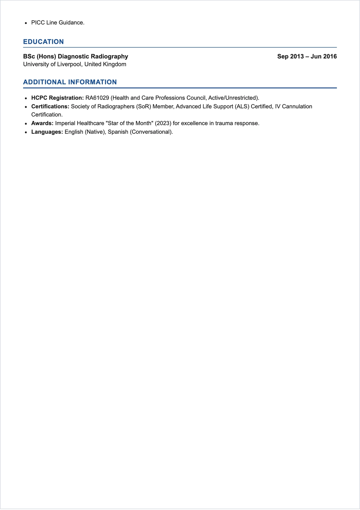 Free Radiographer ATS CV Template, AI CV Builder
