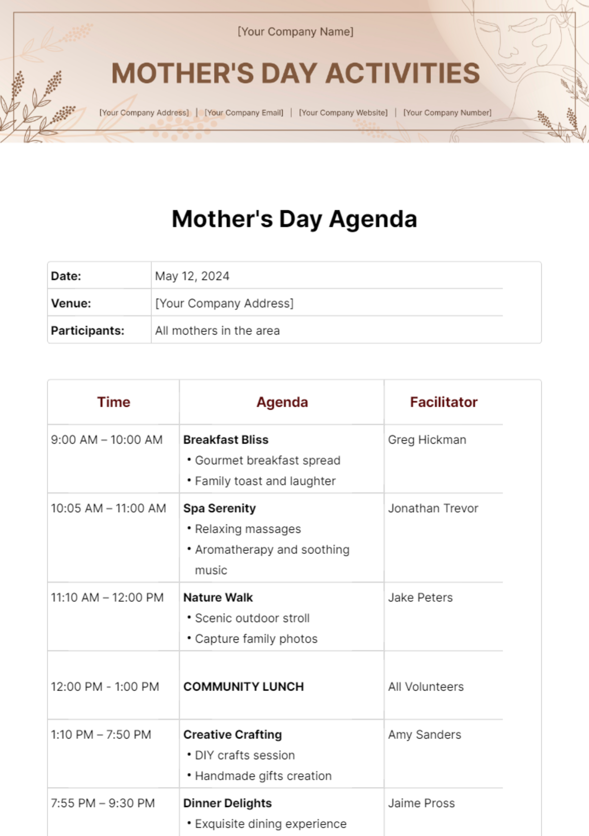 Mother's Day Agenda Template