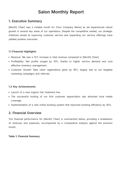 Free Salon Monthly Report Template to Edit Online