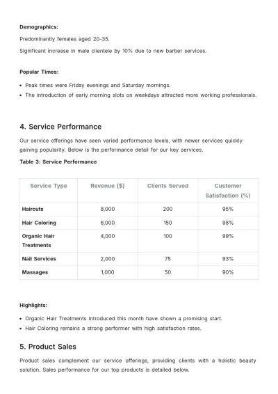 Free Salon Monthly Report Template to Edit Online