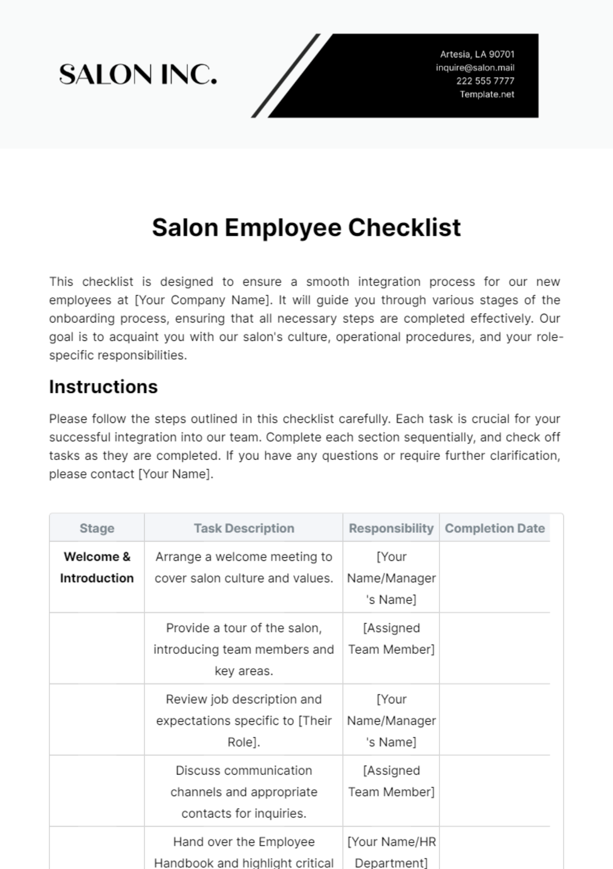 Salon Employee Checklist Template - Edit Online & Download