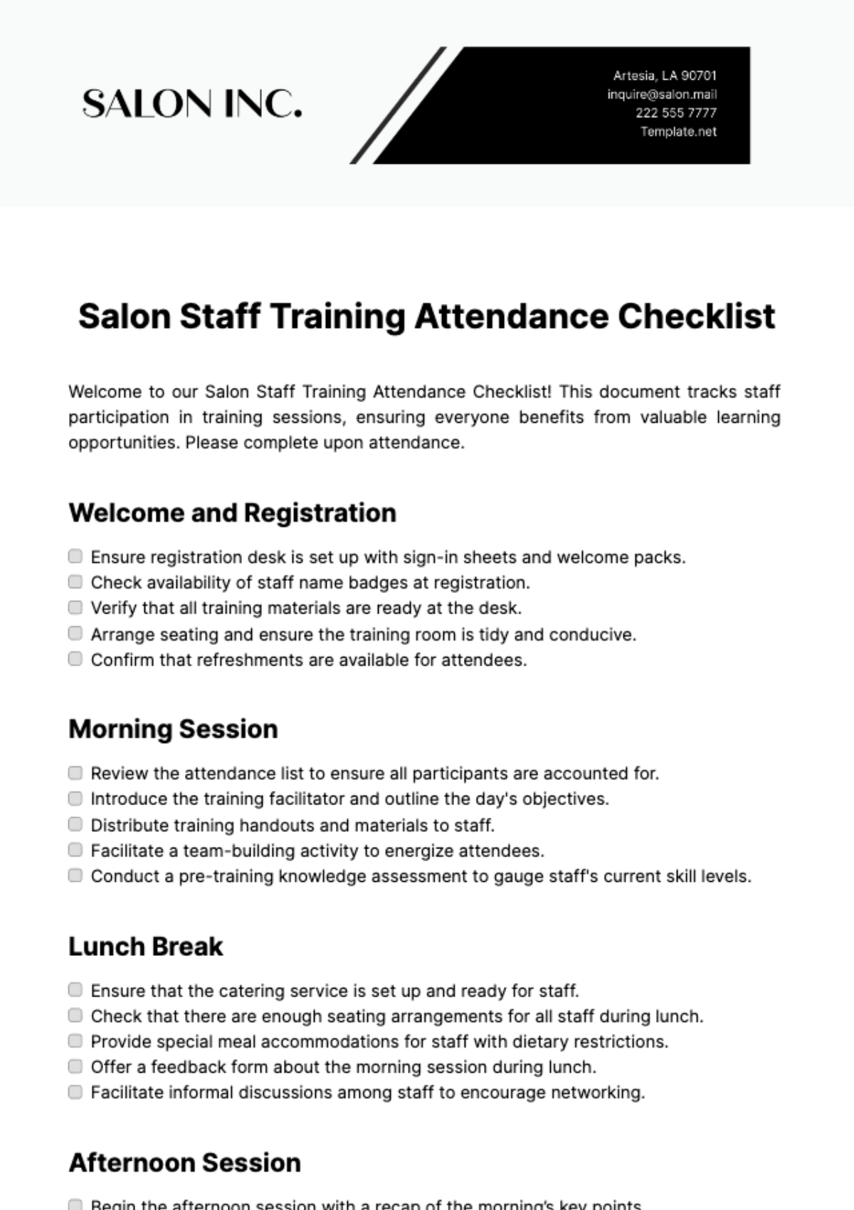 Salon Staff Training Attendance Checklist Template - Edit Online & Download