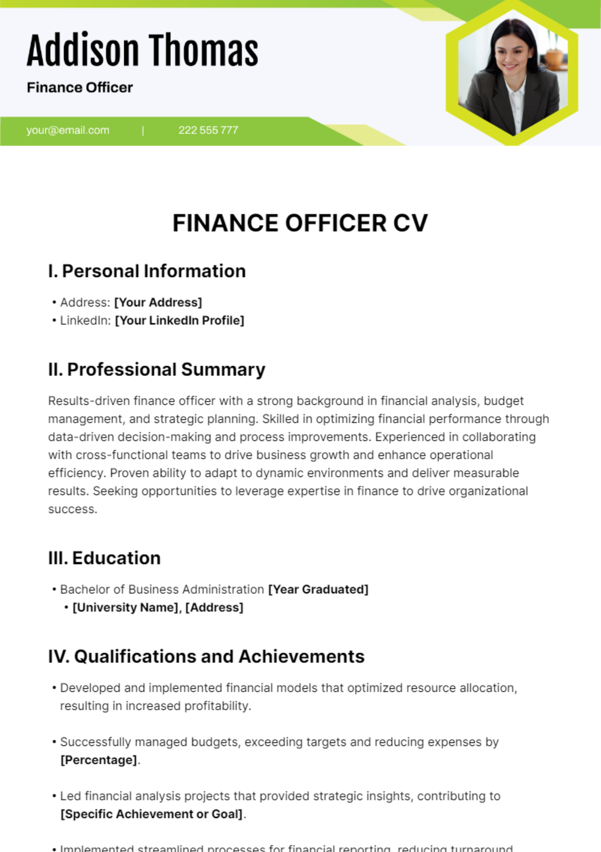 Finance Officer CV Template - Edit Online & Download