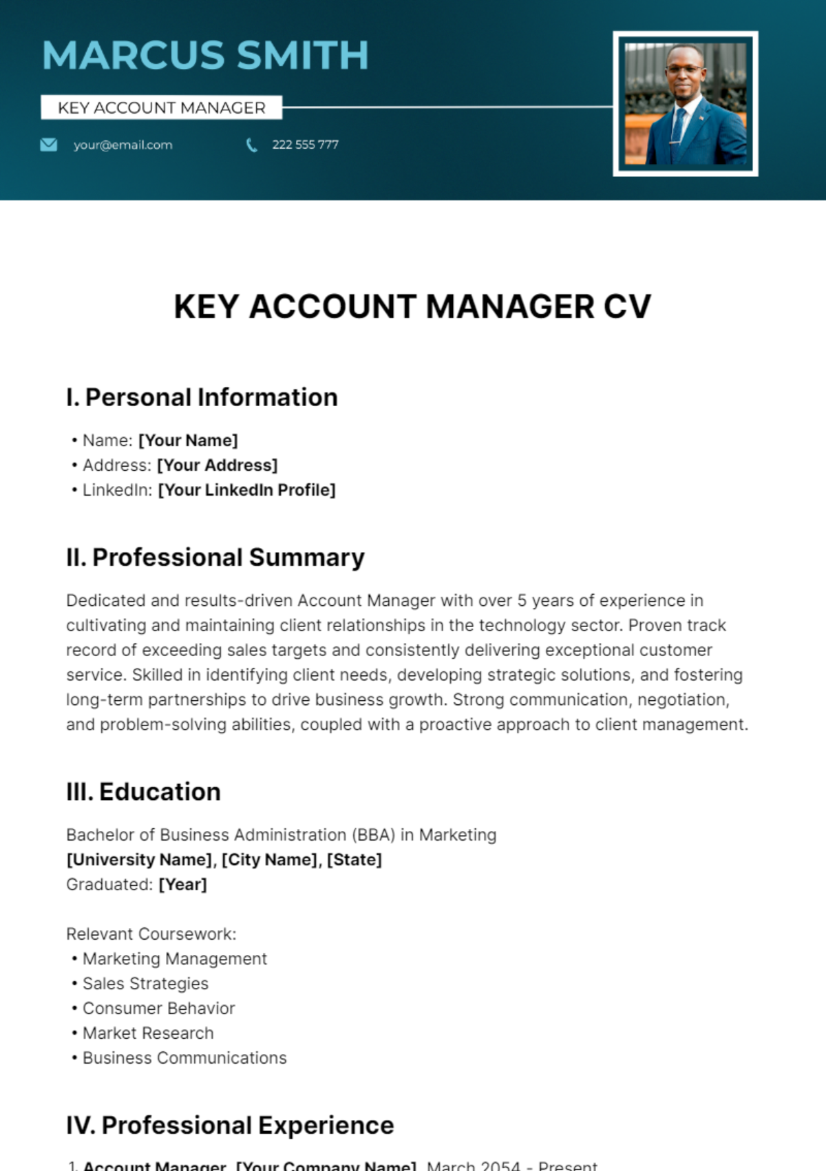 Key Account Manager CV Template - Edit Online & Download