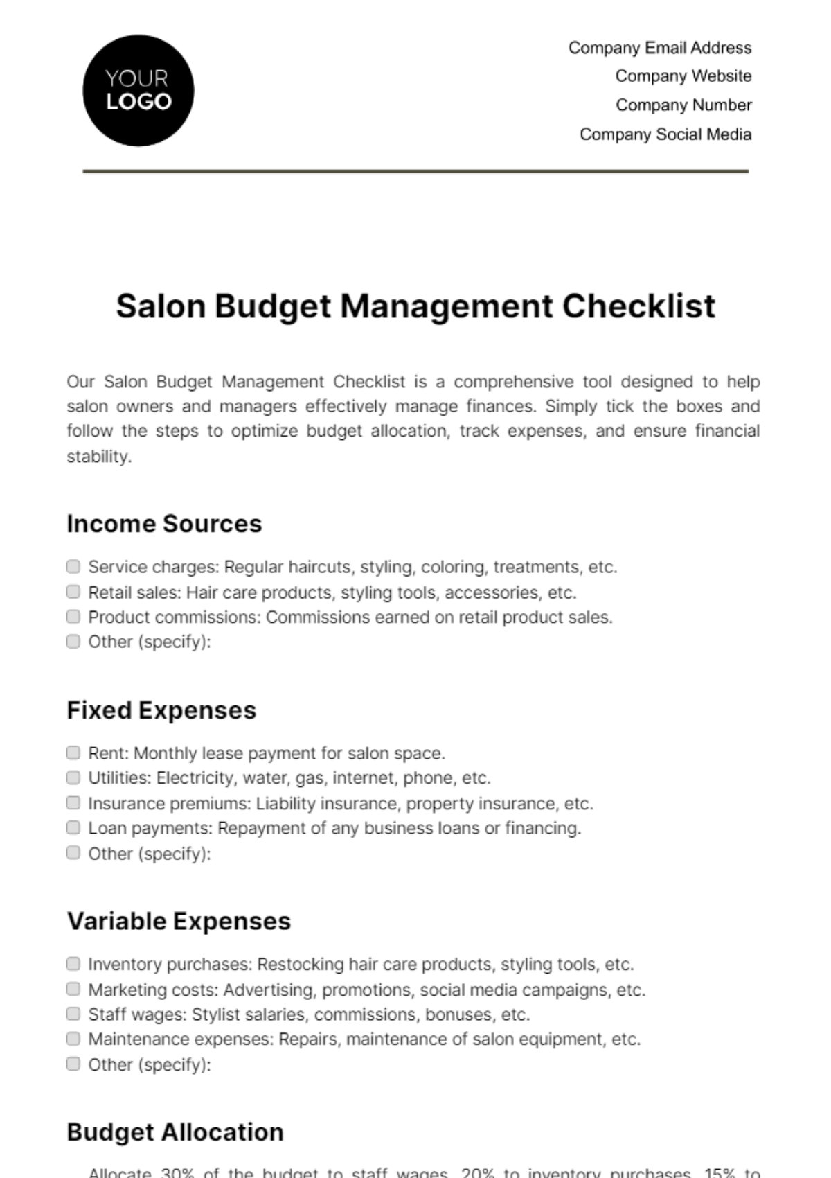Salon Budget Management Checklist Template