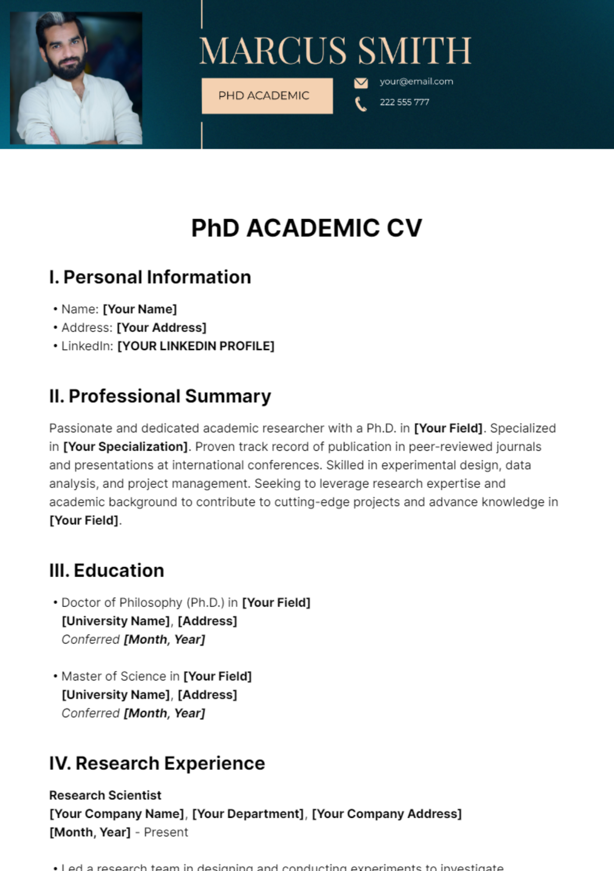 PhD Academic CV Template - Edit Online & Download