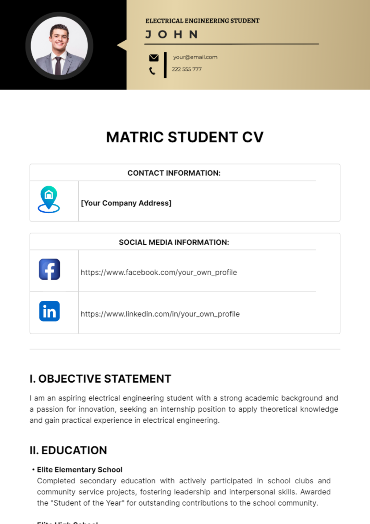 Matric Student CV Template