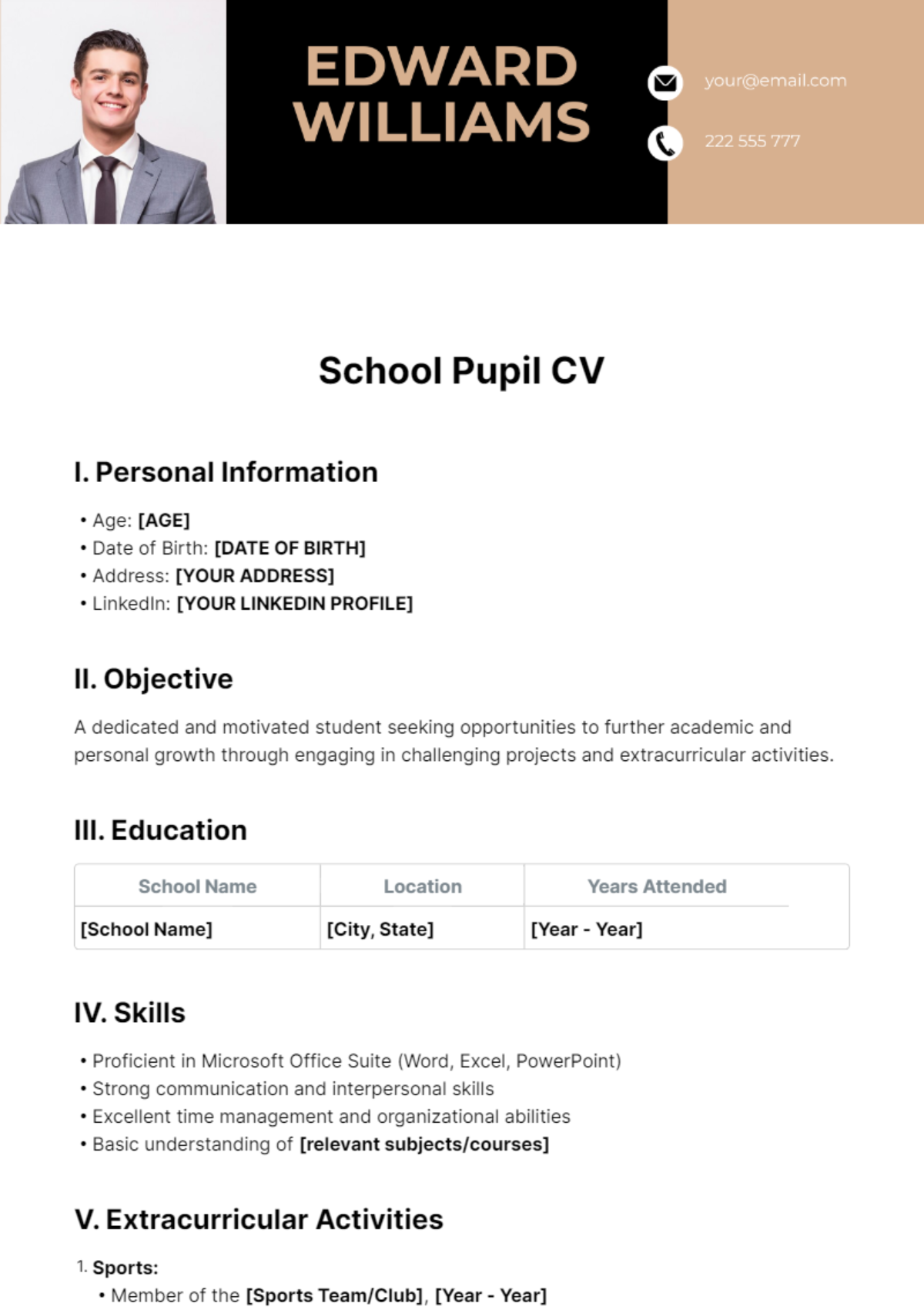 School Pupil CV Template