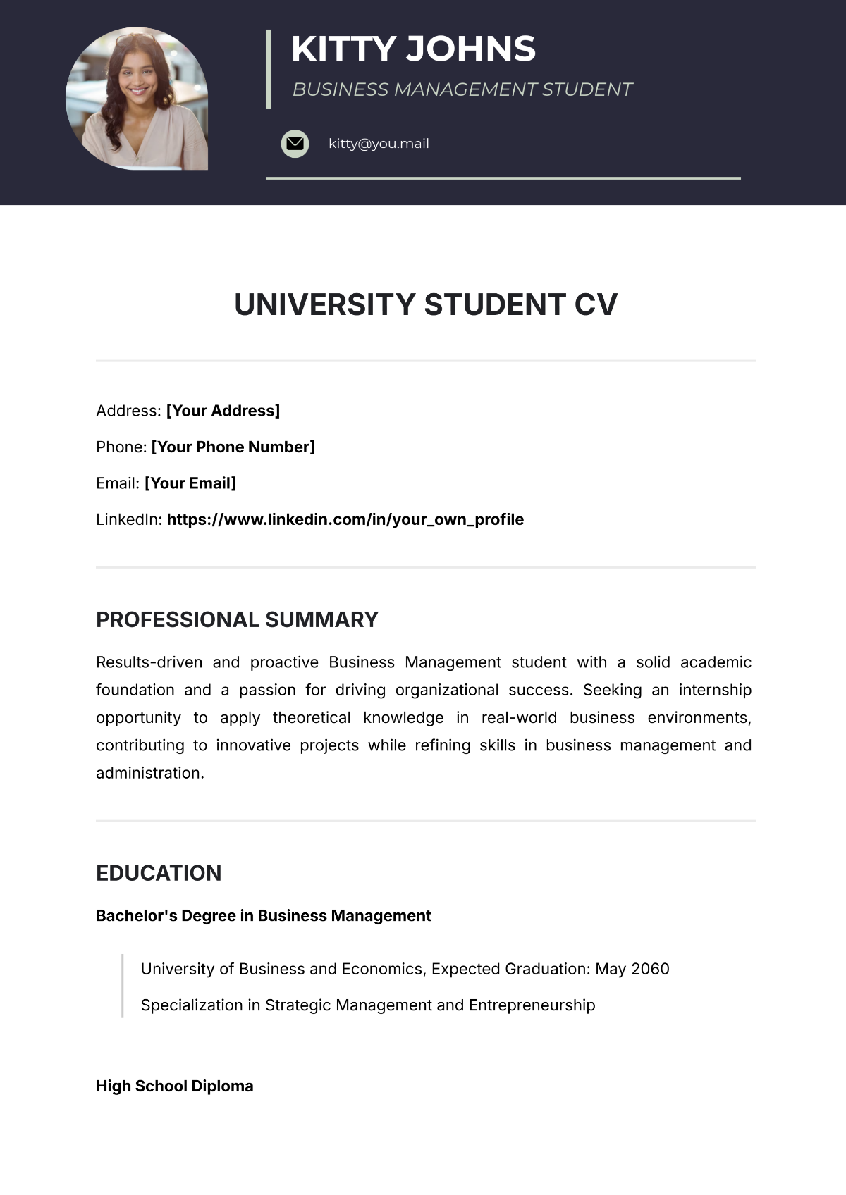 Free School Grade 12 Student CV Template to Edit Online