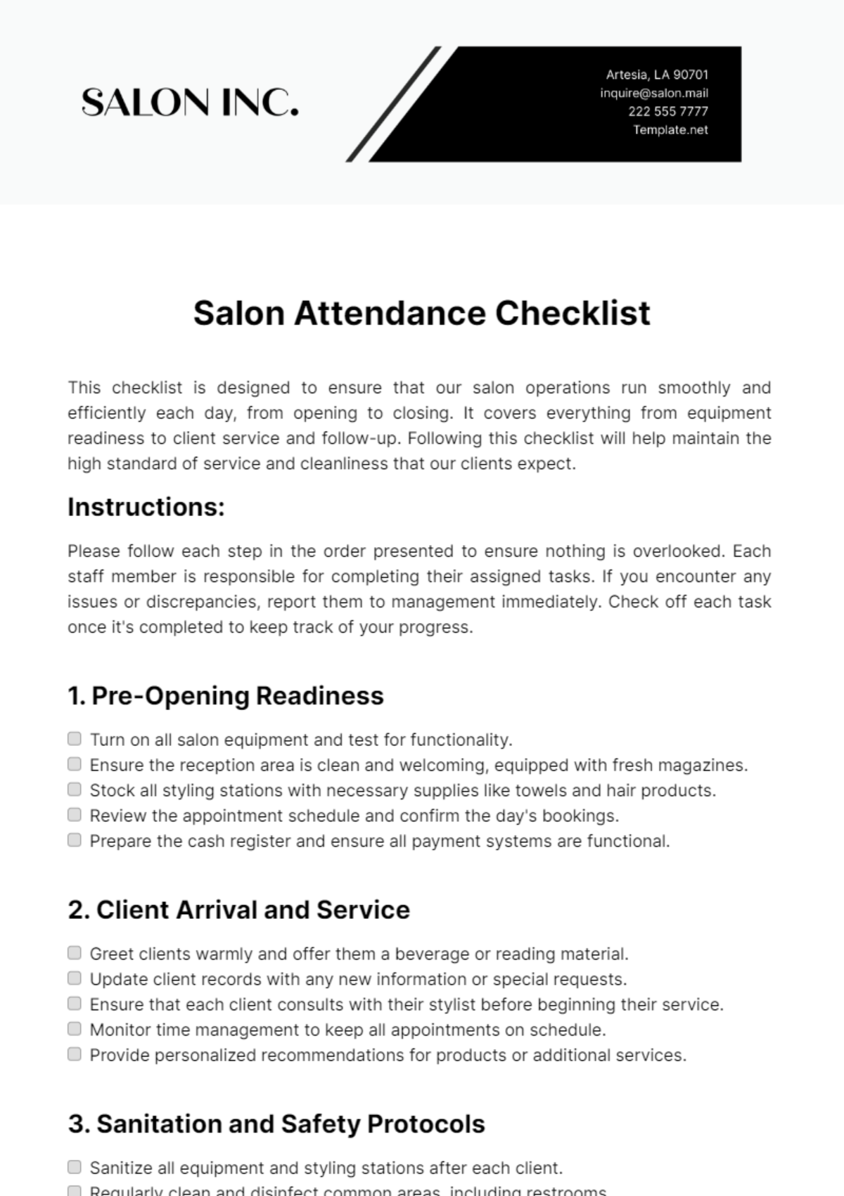 Salon Attendance Checklist Template