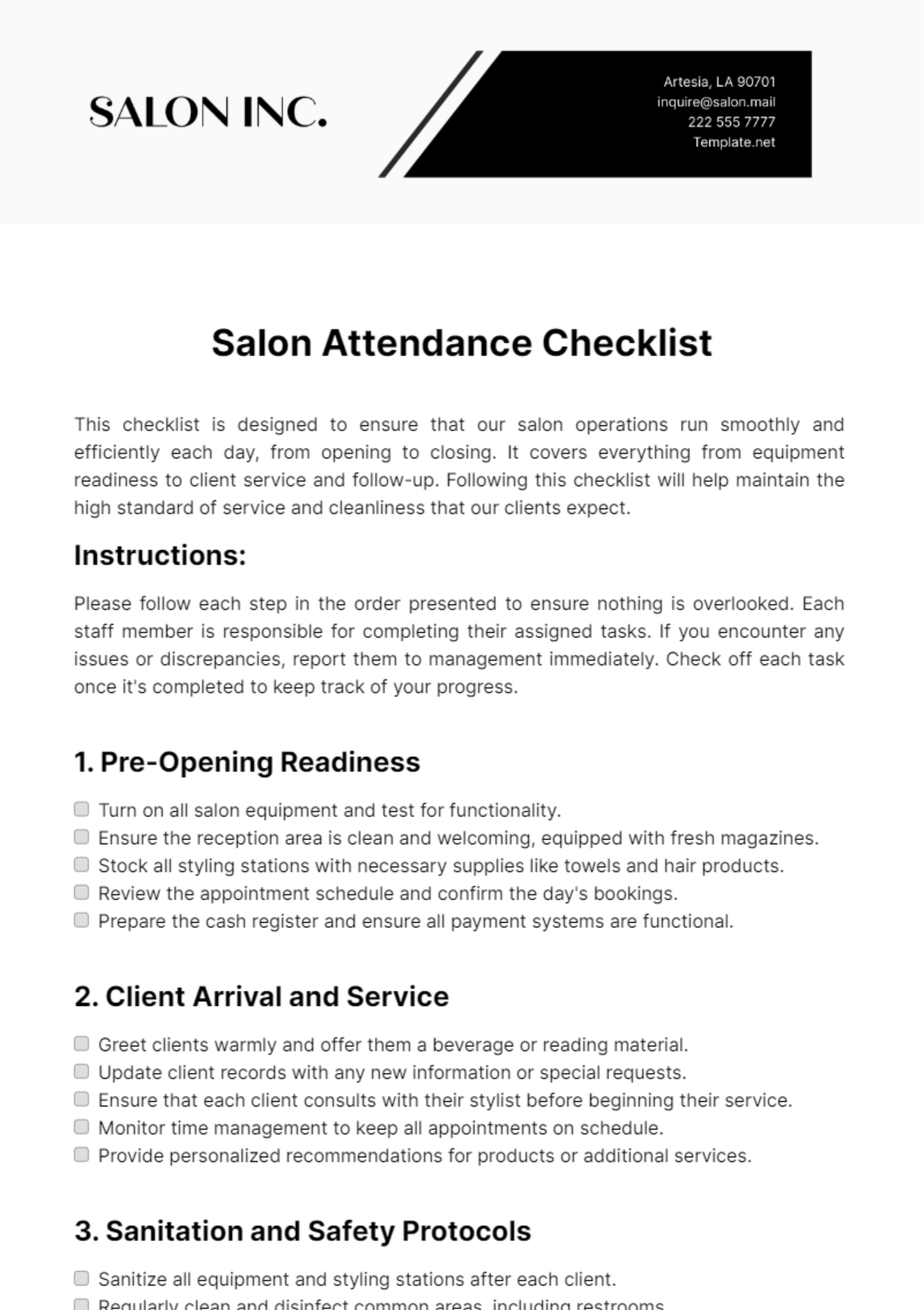 Salon Attendance Checklist Template - Edit Online & Download