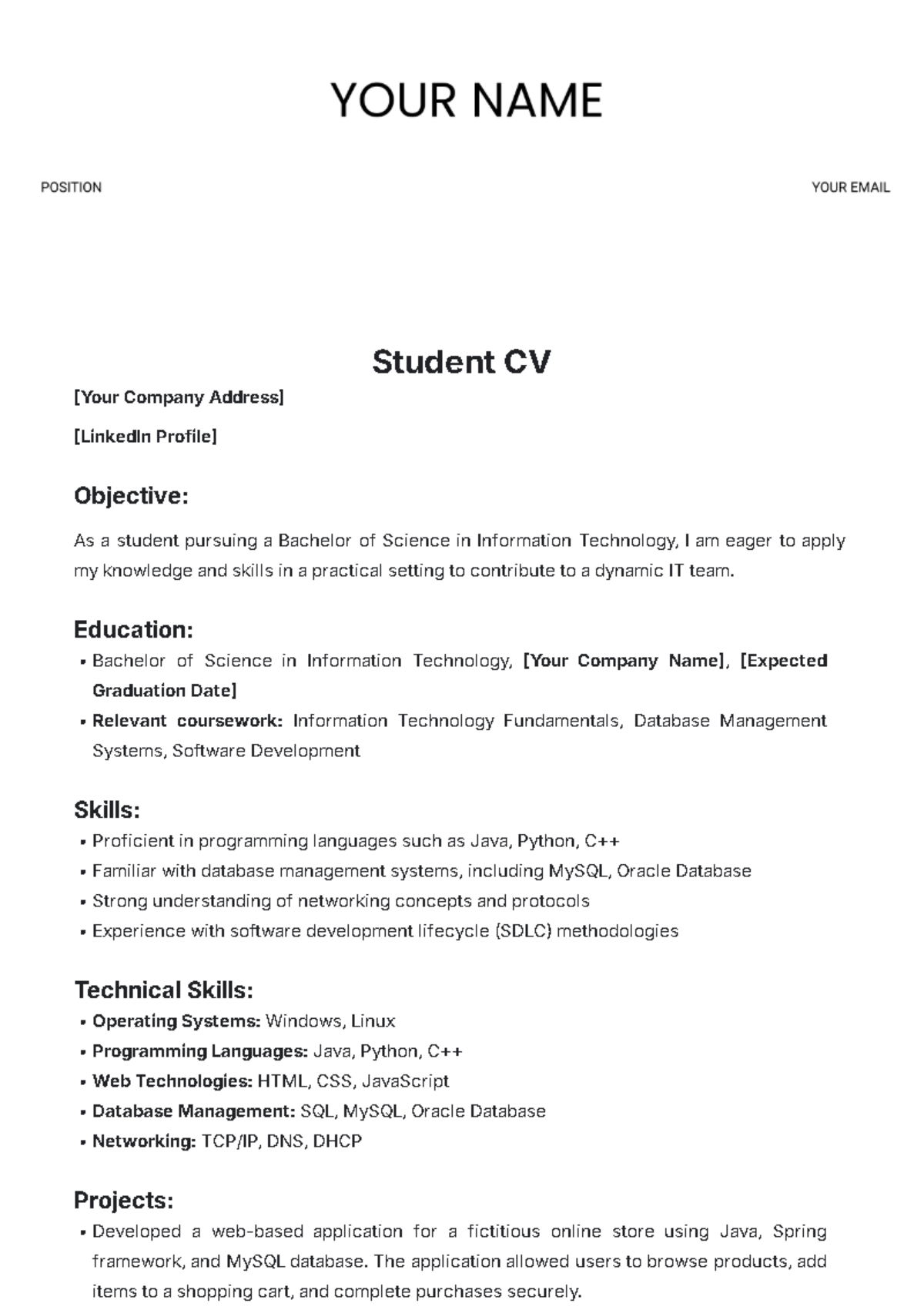 Student CV Template - Edit Online & Download