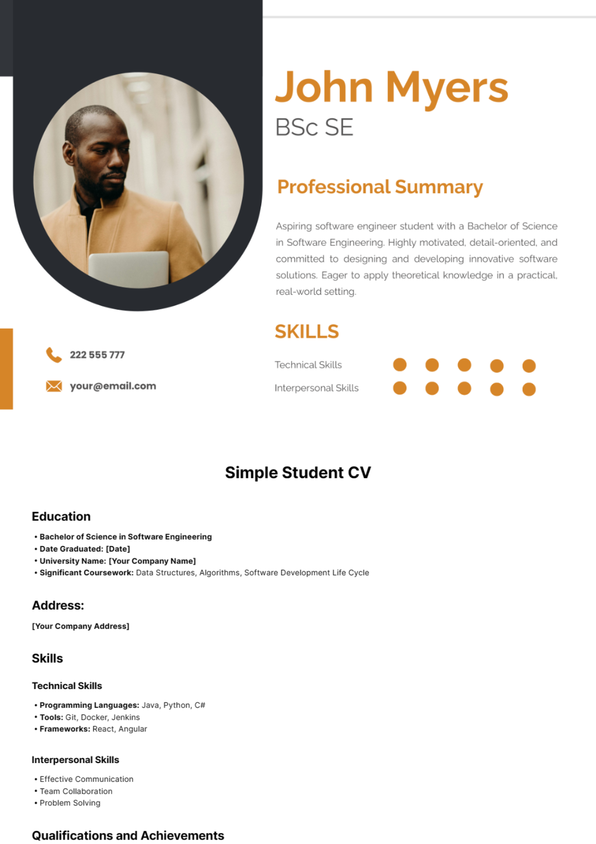 Free Professional BBA Student CV Template to Edit Online