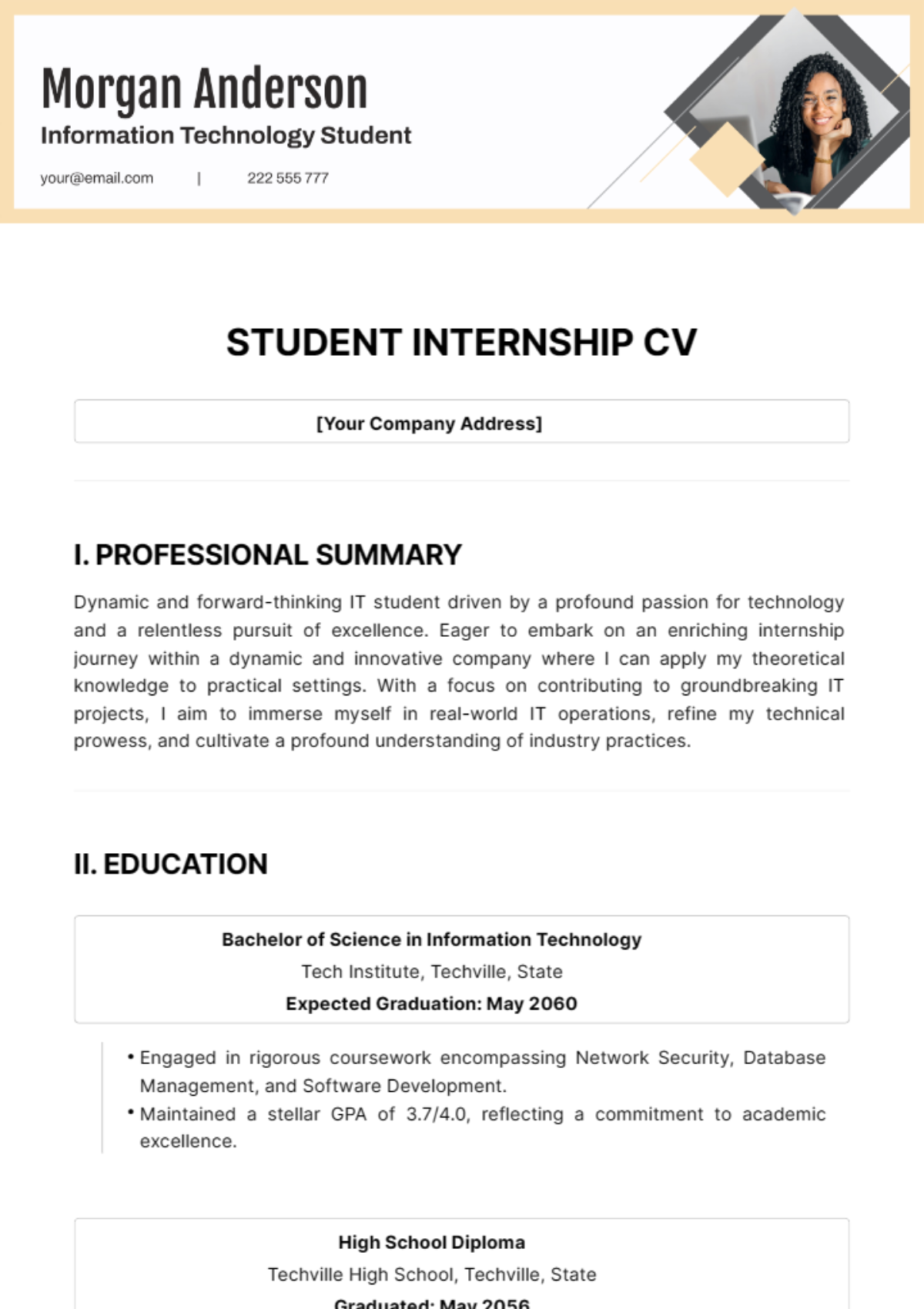 Free Student Internship CV Template To Edit Online