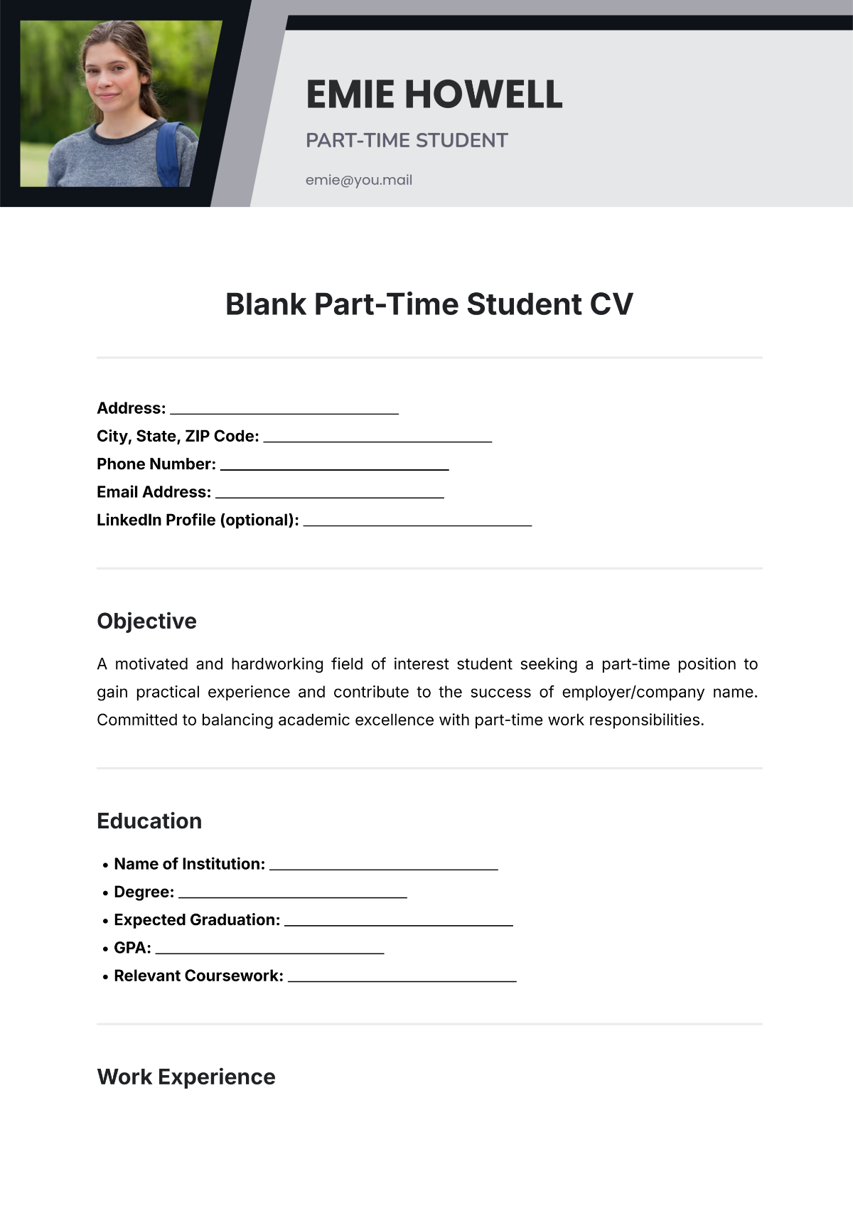 Free Blank Part Time Student CV Template